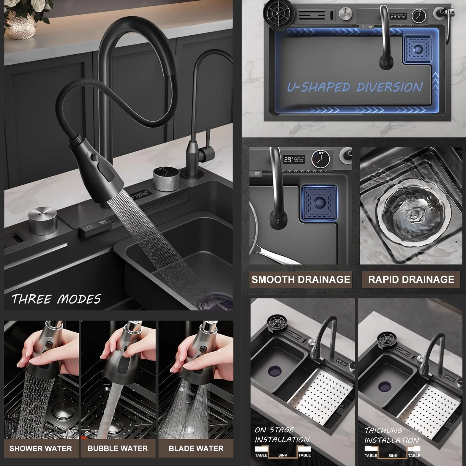 Nano Waterfall Sink Zlewozmywak kuchenny ze stali nierdzewnej 304, domowy, do warzyw, pojedynczy, zlew barowy, z wyciąganym kranem, myjka do kubków, kolor: A; wymiary: 75 x 46 cm