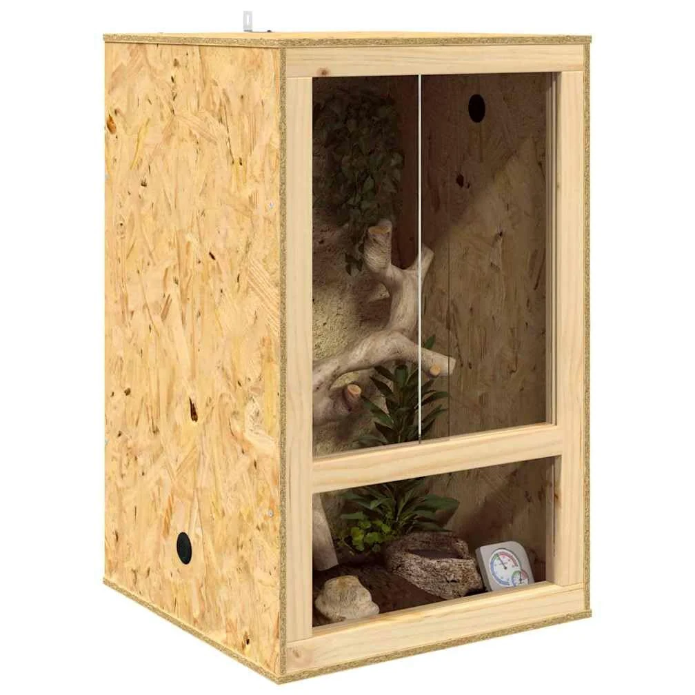 Terrarium brązowe 50 x 50 x 80 cm OSB, wybieg dla gadów z drzwiami przesuwnymi, szkło i drewno, wentylacja dla płazów, bartagame, węża, żółwia, gekonu, pająka, kameleona, żaby, jaszczurki