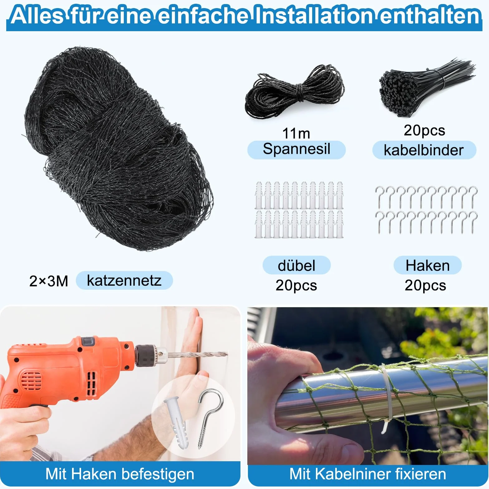 Aystkniet Siatka dla kota na balkon, 2 x 3 m, wzmocniona drutem, z linką mocującą, gwoździe, opaski kablowe, odporna na ugryzienia i rozerwanie, odporna na działanie promieni UV, siatka chroniąca