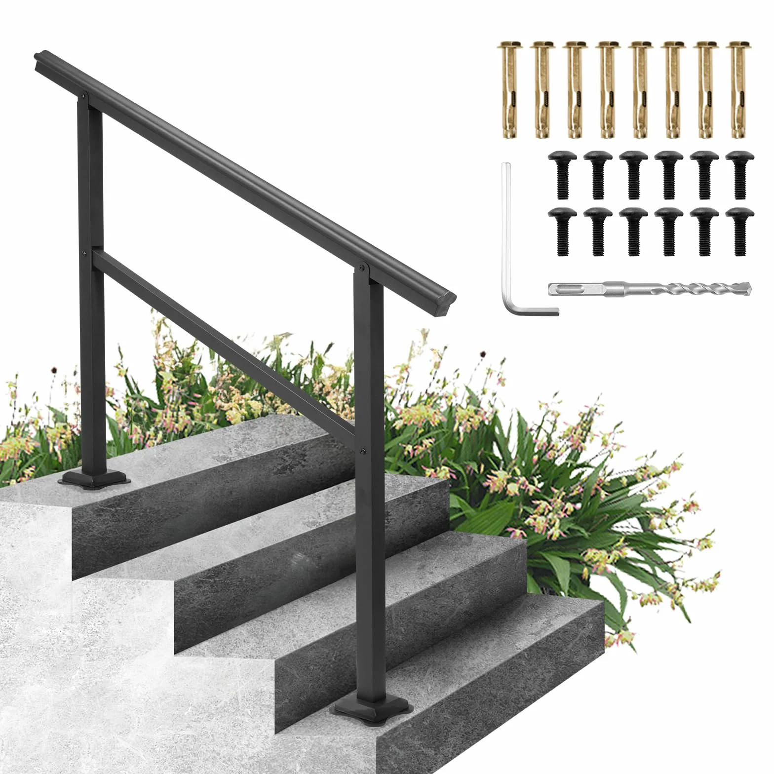 VEVOR Czarna malowana proszkowo aluminiowa poręcz do schodów zewnętrznych, 3-4 stopnie, 122 x 90 cm, nośność 75 kg