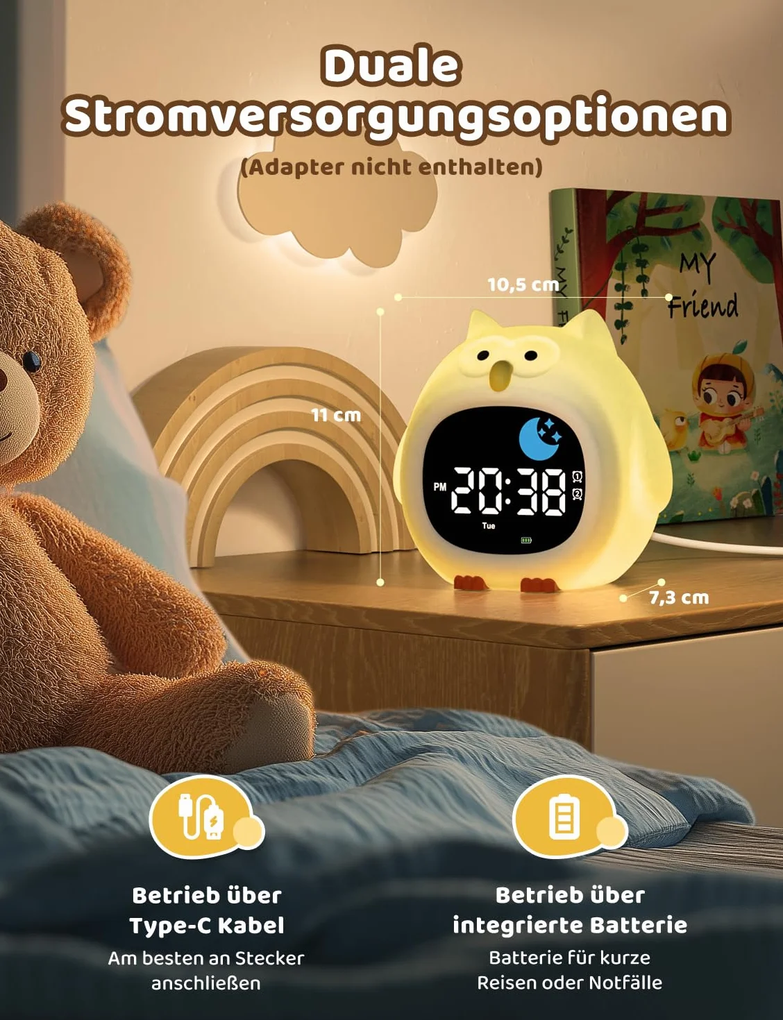 Yissvic Budzik dla dzieci dla początkujących w szkole, dla chłopców z lampką nocną RGB, budzik edukacyjny, 2 alarmy, tryb weekendowy, drzemka 10, biała sowa, styl