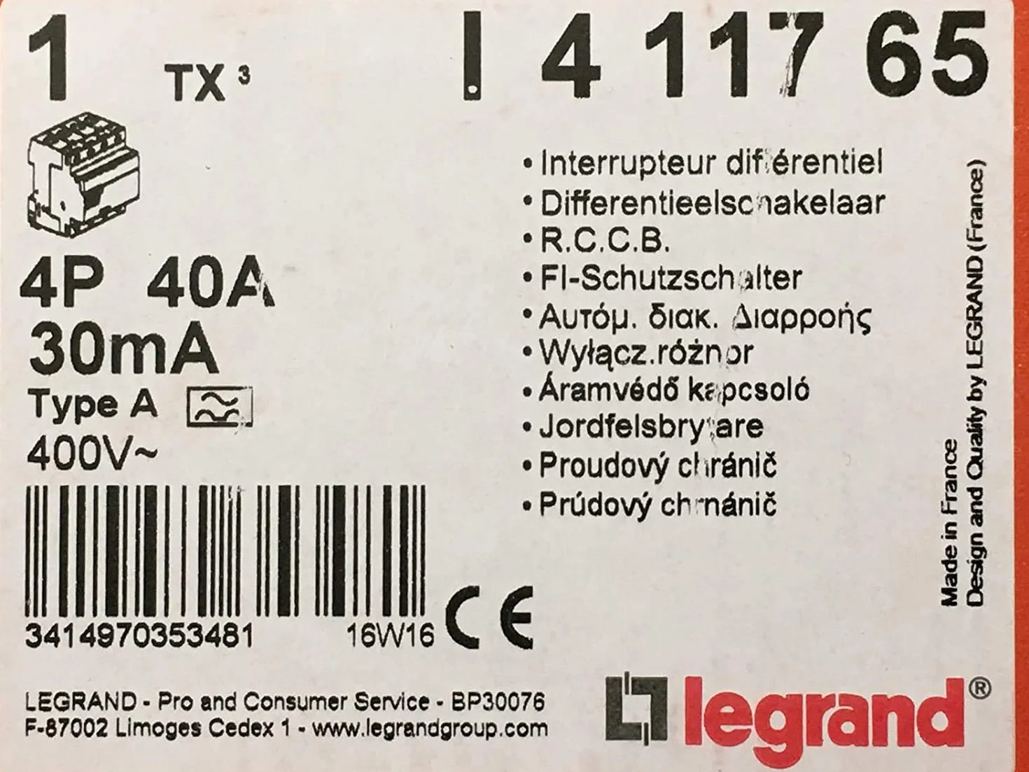 Legrand 411765 TX3 FI 40A 4P 30MA A