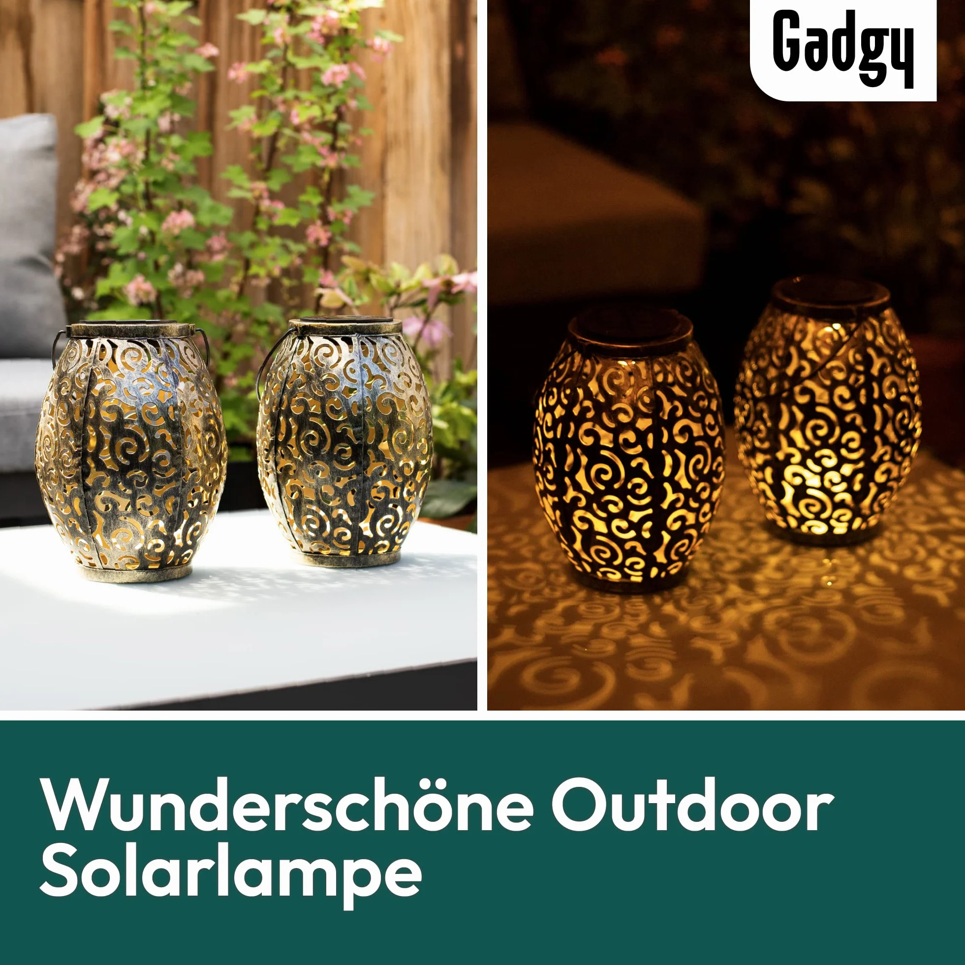 Gadgy Solarna Latarnia Zewnętrzna | Zestaw 2 sztuk Orientalne latarnie ogrodowe metalowe IP44 Wodoodporne | 21,5 x 15 cm. | lampa podłogowa lub wisząca