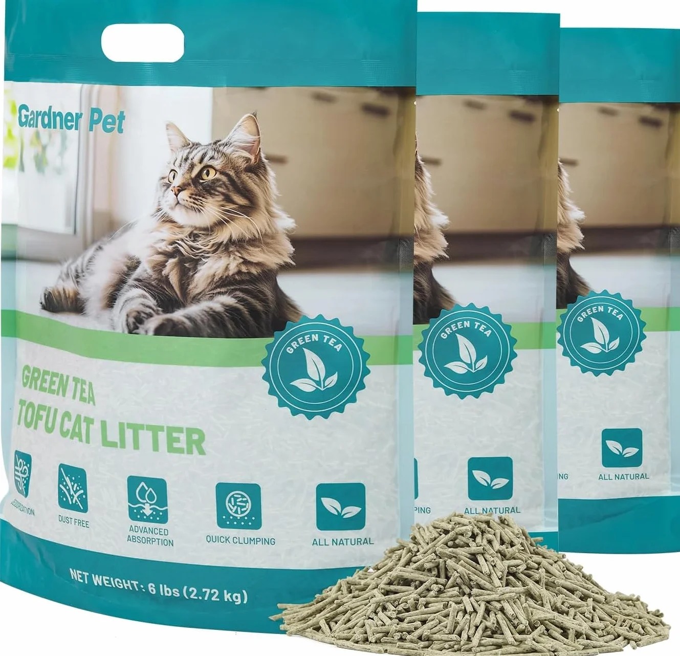 Gardner Pet Naturalna tofuowa żużel dla kotów 8,1 kg, żużel z ekstraktem z zielonej herbaty, bezkurzowy i szybko zbrylający, kontrola zapachu, spłukiwany w kubełku dla gospodarstw domowych z wieloma