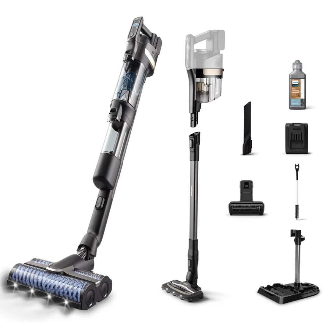 Philips Bezprzewodowy odkurzacz AquaTrio z serii 9000 - czyszczenie na mokro i sucho 3 w 1, higieniczne, automatyczne czyszczenie, system podwójnej szczotki, wykrywanie zabrudzeń LED (XW9463/11)