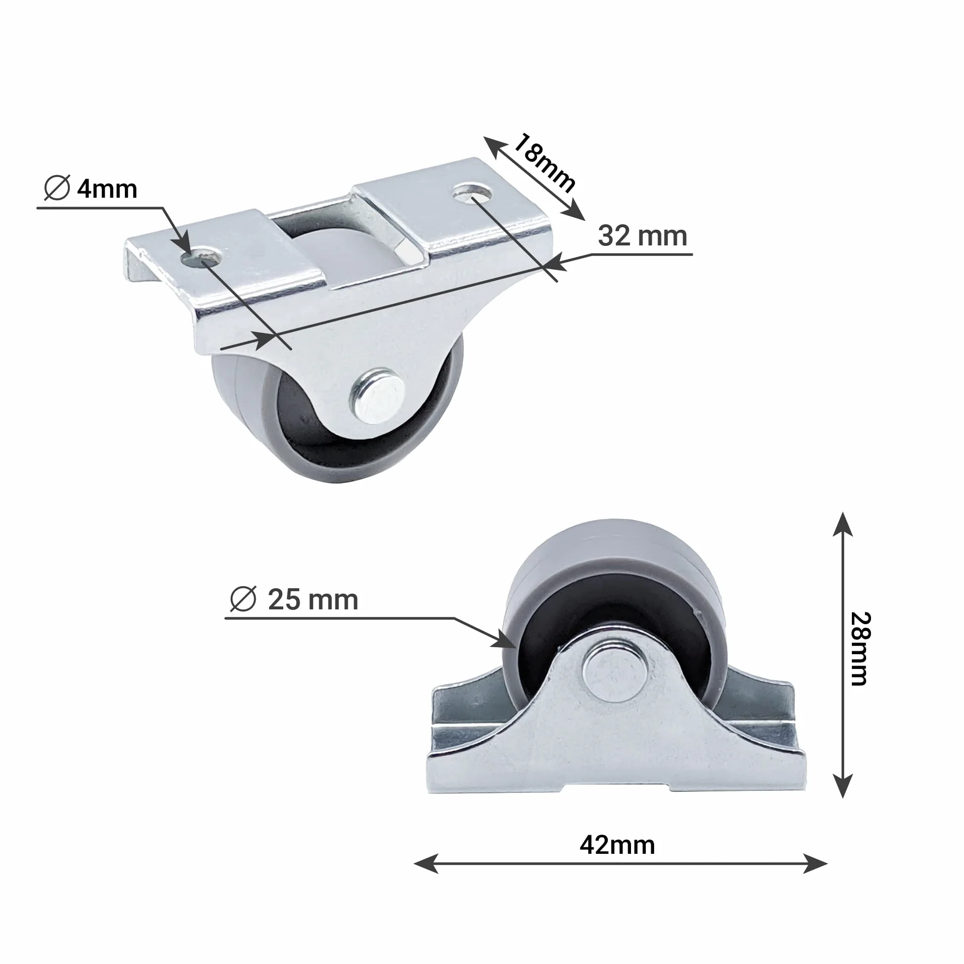 SKIR'CO (4 szt.) małe kółka meblowe 25 mm, szare plastikowe kółka, niewychylne, stałe kółka, jednokierunkowe, śruby w zestawie (4)