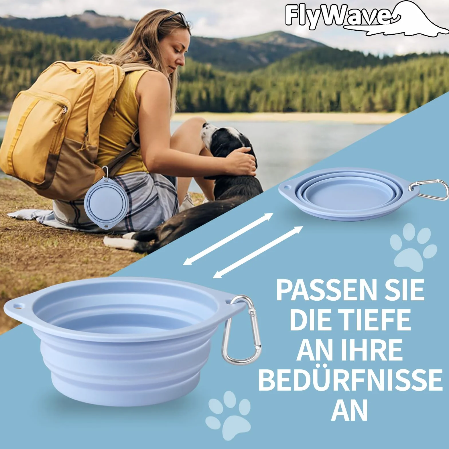 FlyWave Składana miska dla psa w podróży, miska podróżna dla psa, zabezpieczona przed wyciekiem, miska do picia dla psa na podróż, składana, 350 ml, niebieska