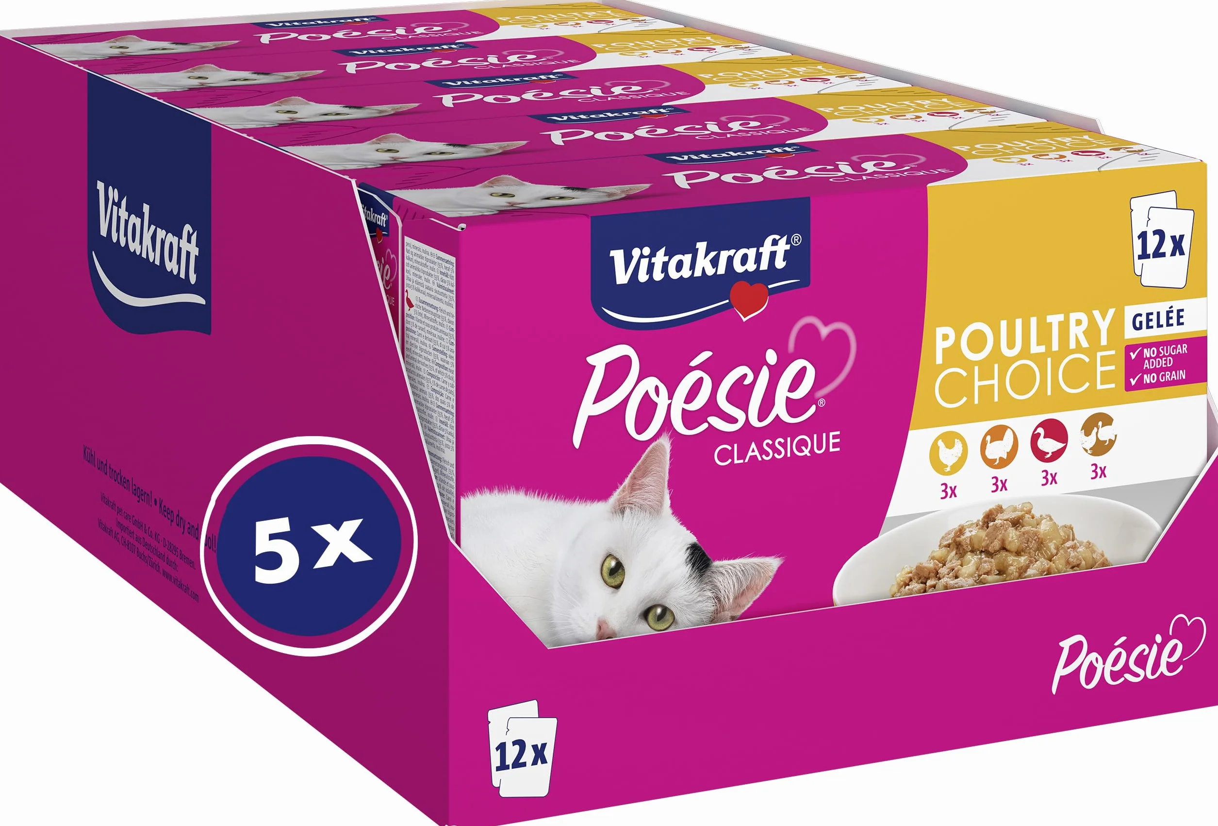 Vitakraft Poésie Classique, mokra karma dla kotów, wielopak, z kurczakiem, indykiem, drobiem i kaczką, dla dorosłych kotów, bez dodatku cukru i zbóż (5 opakowań po 12 x 85 g)