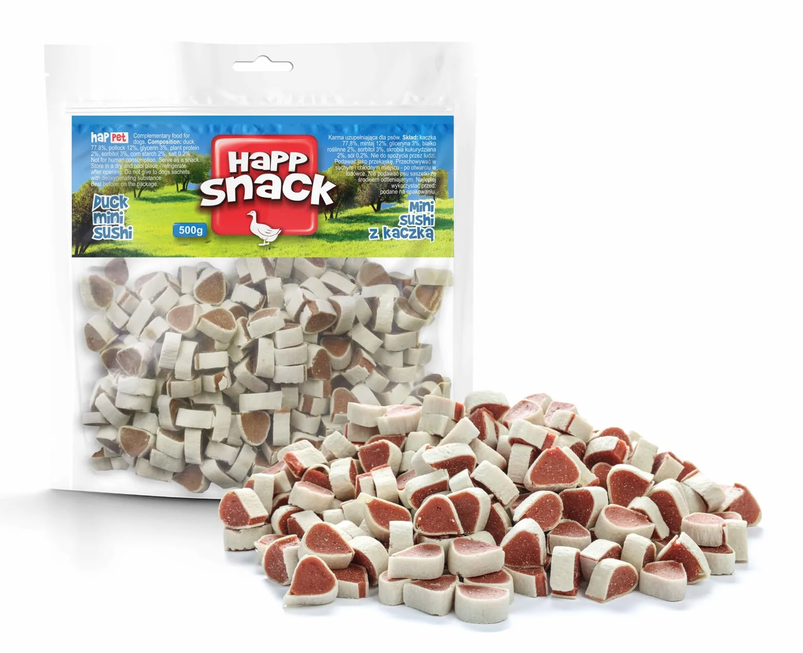 HAPPET® Mini sushi z kaczką dla psa 500 g – zdrowa przekąska, wysokobiałkowy smakołyk do żucia, lekkostrawny przysmak dla szczeniąt, seniorów i małych psów