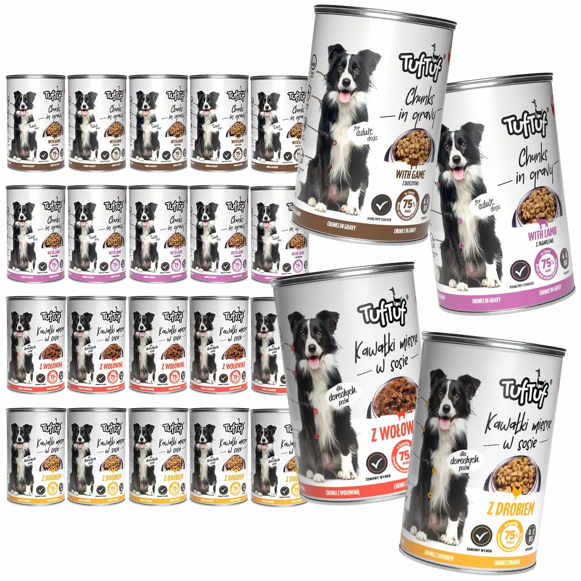 TufTuf, Mokra Karma dla Psa, Mix Smaków (Drób, Wołowina, Jagnięcina, Dziczyzna), 415g x 24 Puszki, Kawałki Mięsne w Sosie, Pełnoporcjowa, dla Psów Dorosłych