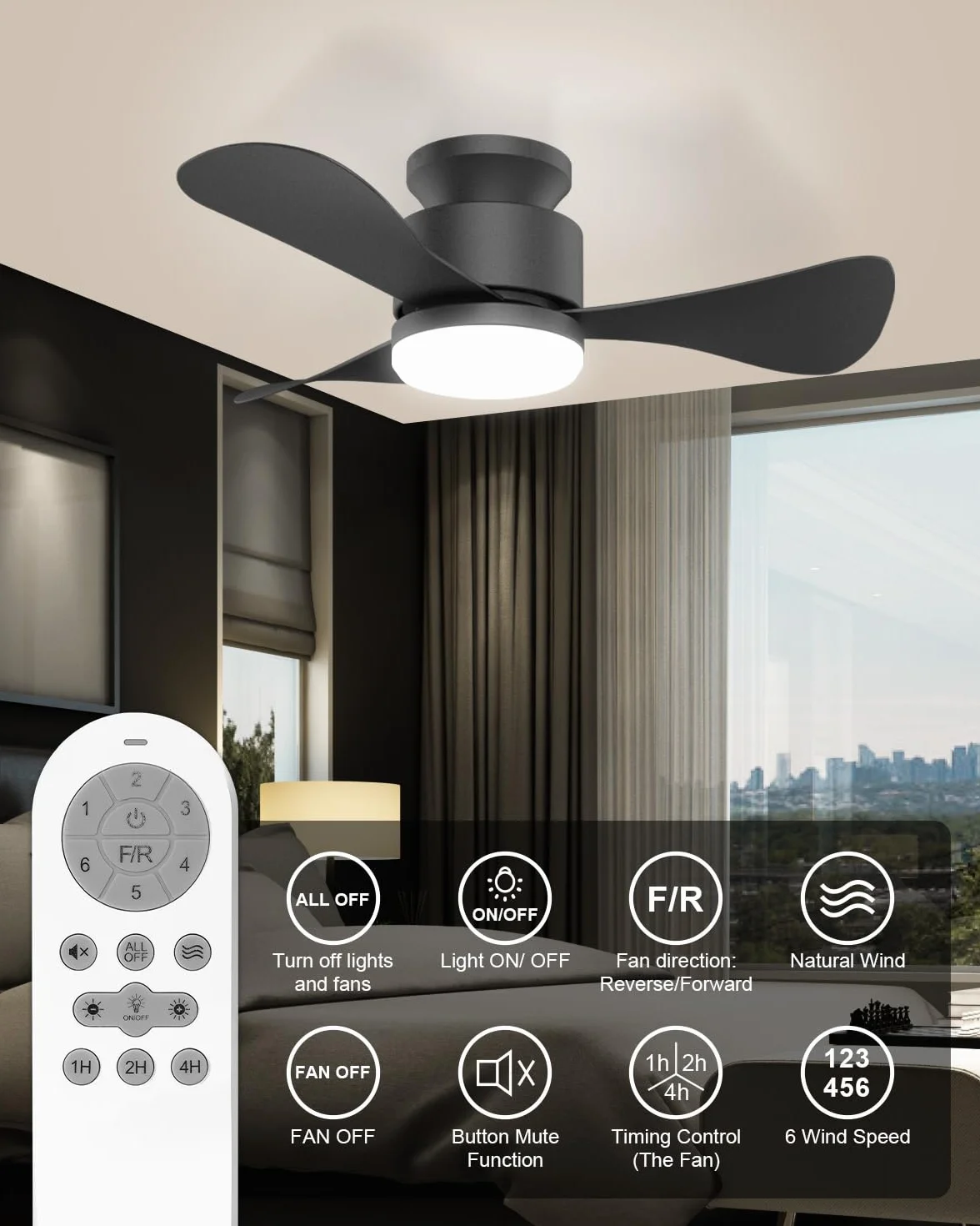 Airwit Wentylator sufitowy 71 cm z cichym światłem, mały wentylator sufitowy z pilotem zdalnego sterowania i odwracalnym silnikiem DC, wentylator sufitowy z lampą LED do sypialni, salonu, kuchni