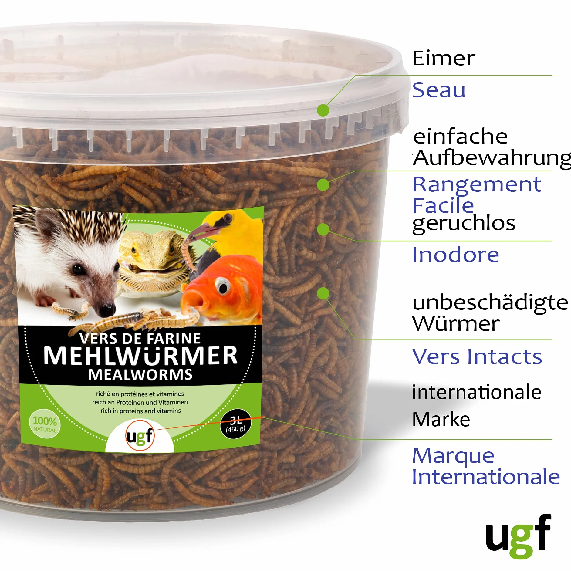 UGF - Premium Mączniki 3-Litrowe Wiadro - 460 g w wiaderku 3-litrowym, karma dla ptaków dzikich, całoroczna, karma dla jeży, karma dla wiewiórek, karma dla chomików
