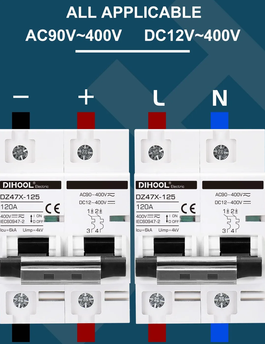 DIHOOL Wyłącznik nadprądowy DC 12V PV Solar urządzenie bezpiecznikowe DC 120A, 2-biegunowy (DC12V-DC400V lub AC110-400V) z wodoszczelną obudową IP65