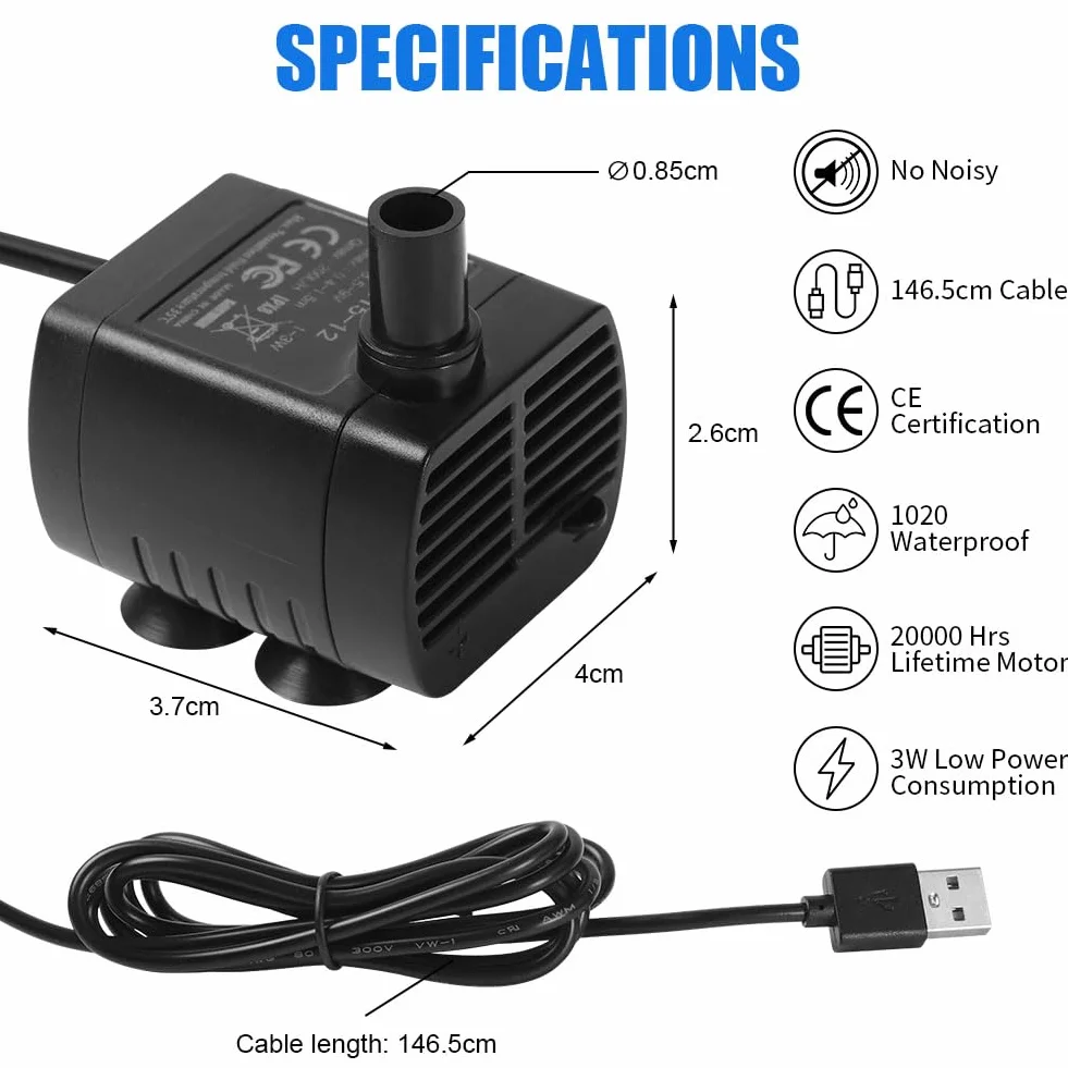 Flintronic Mini Pompa Wodna 200 l/h, 3 W - Zatapialna, Akwariowa, Cyrkulacyjna Do Akwarium, Fontanny, Stawu - Czarna