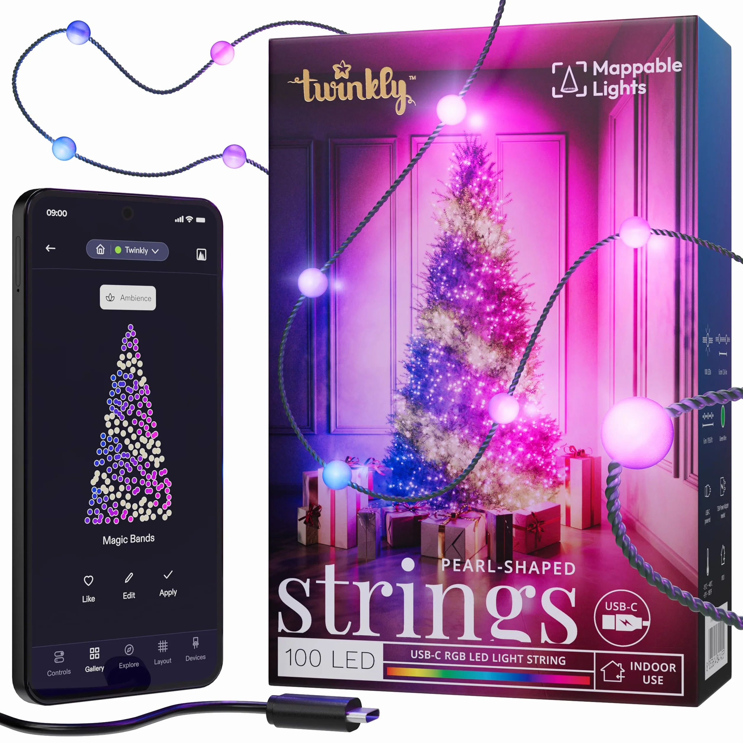 Twinkly Struny z USB-C Pearls 100 diod LED, wielokolorowe świąteczne lampki RGB, kompatybilne z Alexą, Google Home, możliwość zmiany oświetlenia, zasilanie USB C, zielony drut, 6 m