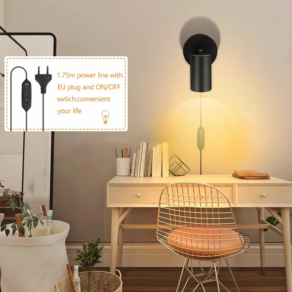 HOTUT GU10 Lampa ścienna, Lampa ścienna z wtyczką i kablem, czarny mat, obracana o 350° lampka nocna, Spot w metalu czarny, lampka do czytania, nowoczesna do sypialni, salonu, korytarz