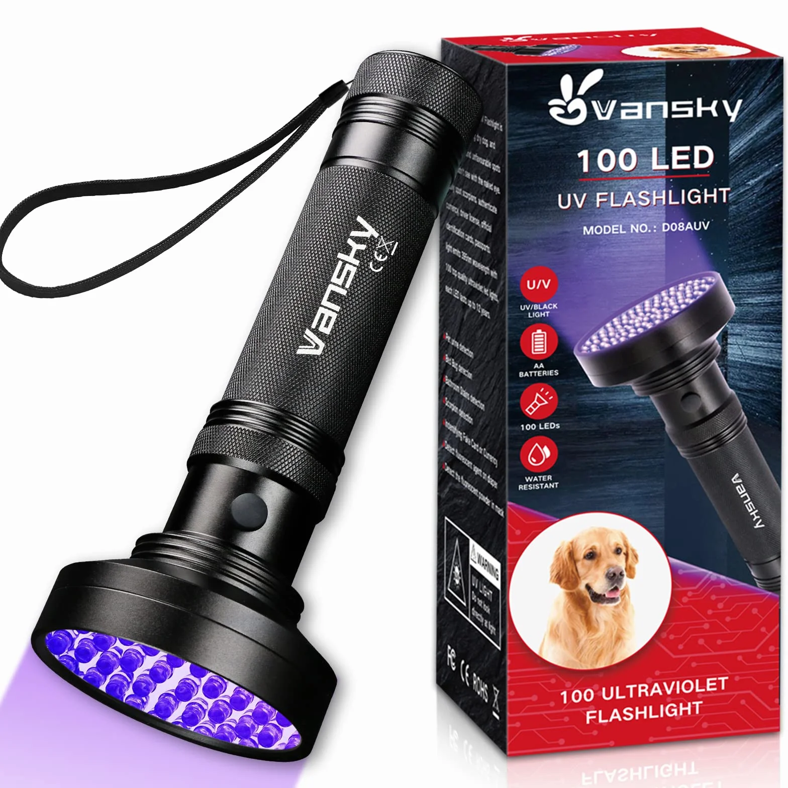 Vansky Lampka UV, czarne światło, 100 LED UV, latarka 395 nm, niebieskie światło, suche, koty, psy, zwierzęta domowe, detektor moczu