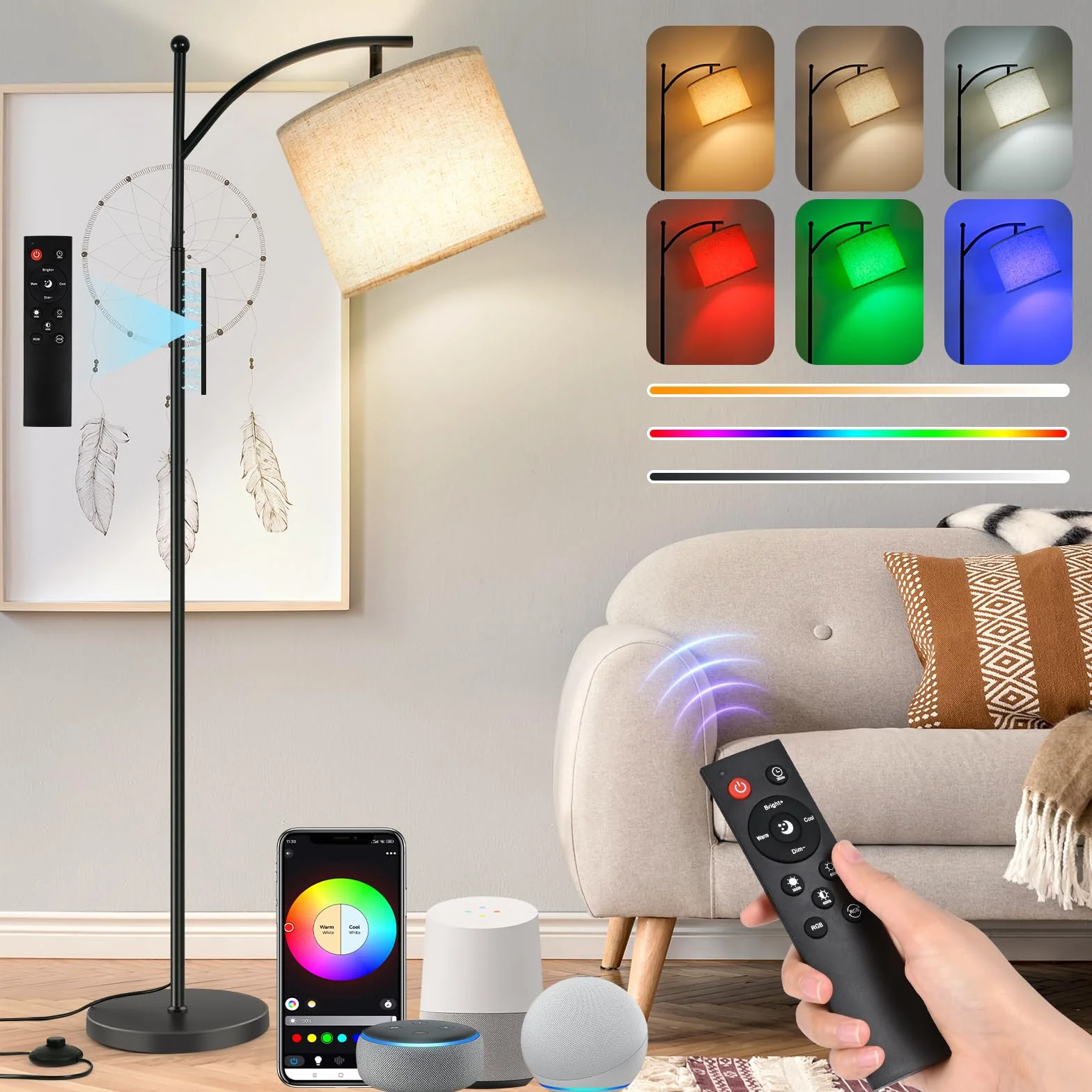 Euakee Lampa podłogowa LED do ściemniania, 155 cm lampa stojąca, salon RGB z aplikacją i pilotem zdalnego sterowania, odtwarzanie lamp podłogowych z asystentem Alexa&Google, nowoczesna lampa do salonu