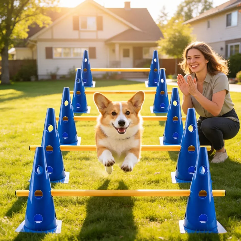 Agility zestaw płotków wtykowych, 10 stożków + 5 drążków, regulowane płotki treningowe, zestaw płotek treningowych do treningu koordynacyjnego, zestaw dla dzieci, psów, sport zespołowy, piłka nożna
