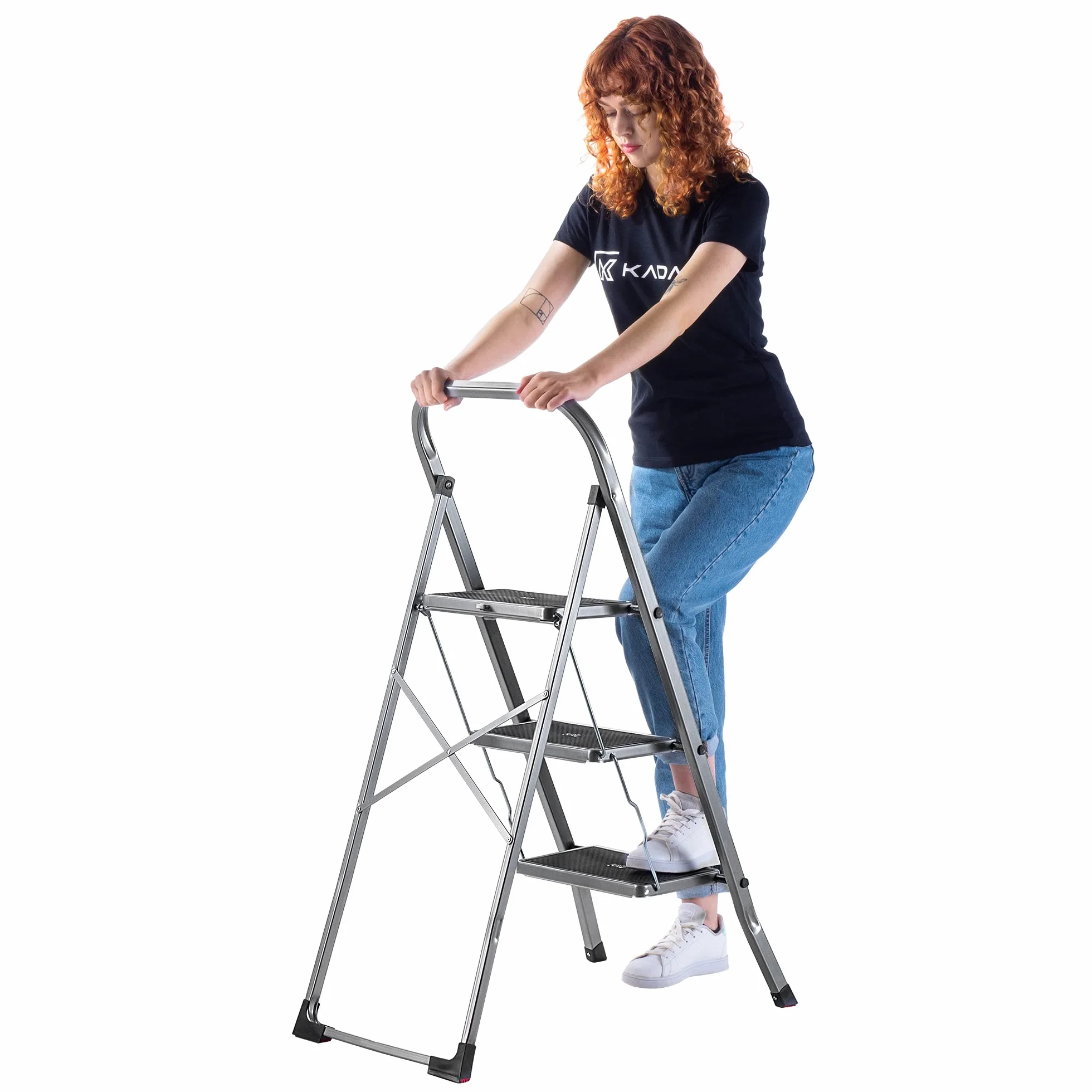 KADAX Drabina aluminiowa 3-stopniowa 105 x 76 cm nośność 150 kg składana antypoślizgowa