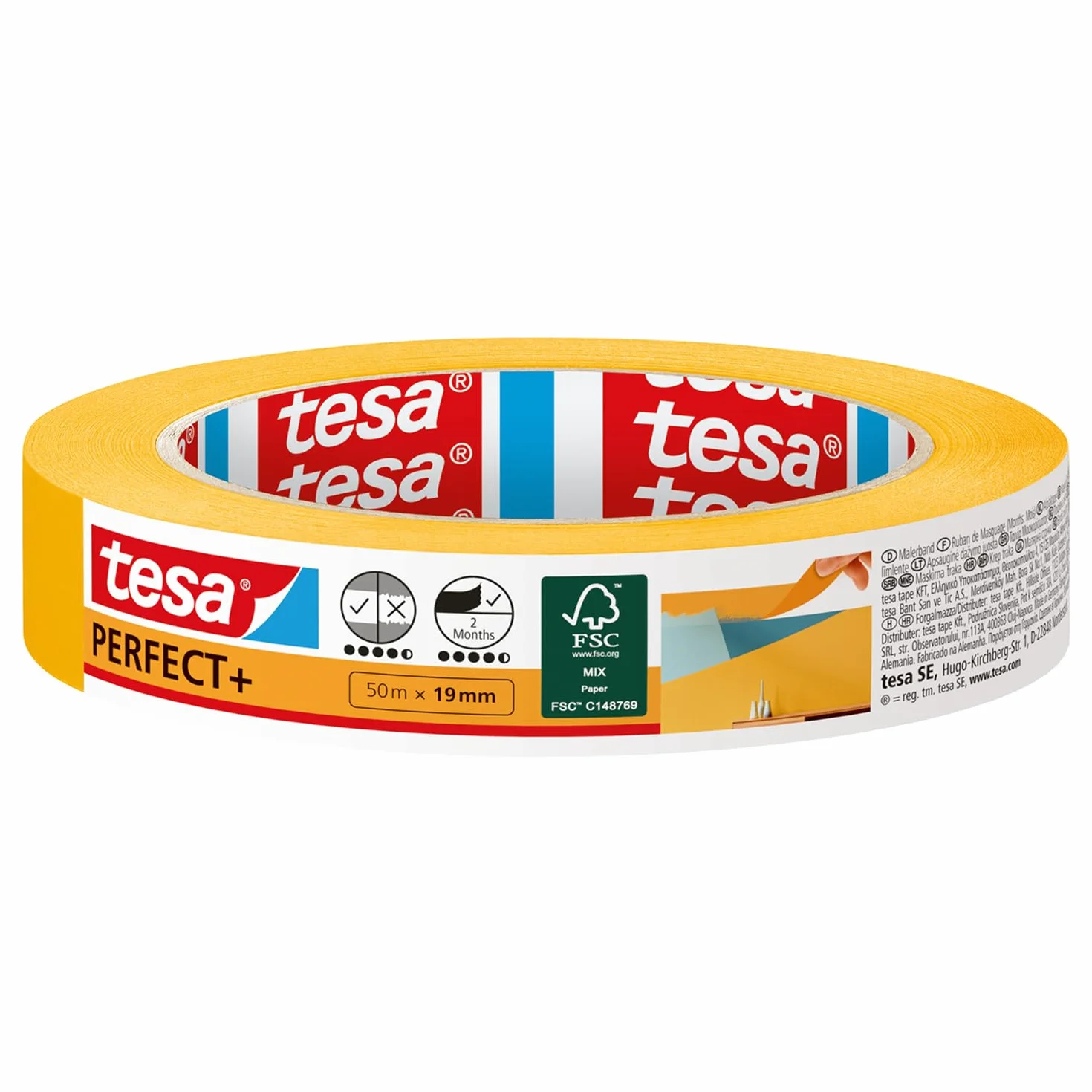 tesa Perfect+ - malarska taśma maskująca z cienkiego papieru Washi do precyzyjnego maskowania podczas malowania - do stosowania wewnątrz pomieszczeń - 50m x 19mm