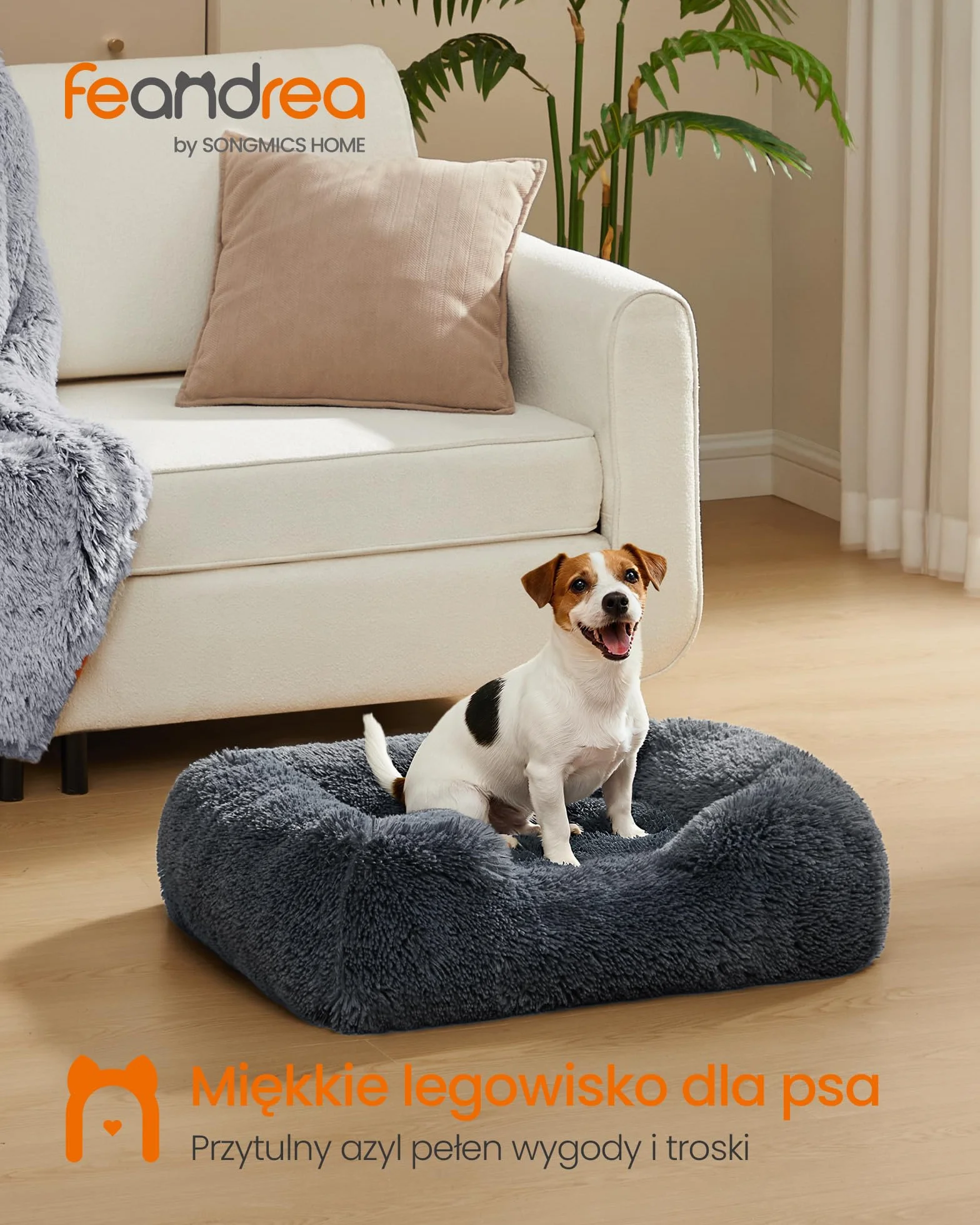 Feandrea Legowisko dla psa, średnie, 71 x 55 x 18 cm, miękka wyściółka, sofa dla psa, podwyższone krawędzie, zdejmowany i nadający się do prania pokrowiec, antypoślizgowe, ciemnoszare PGW271GR01