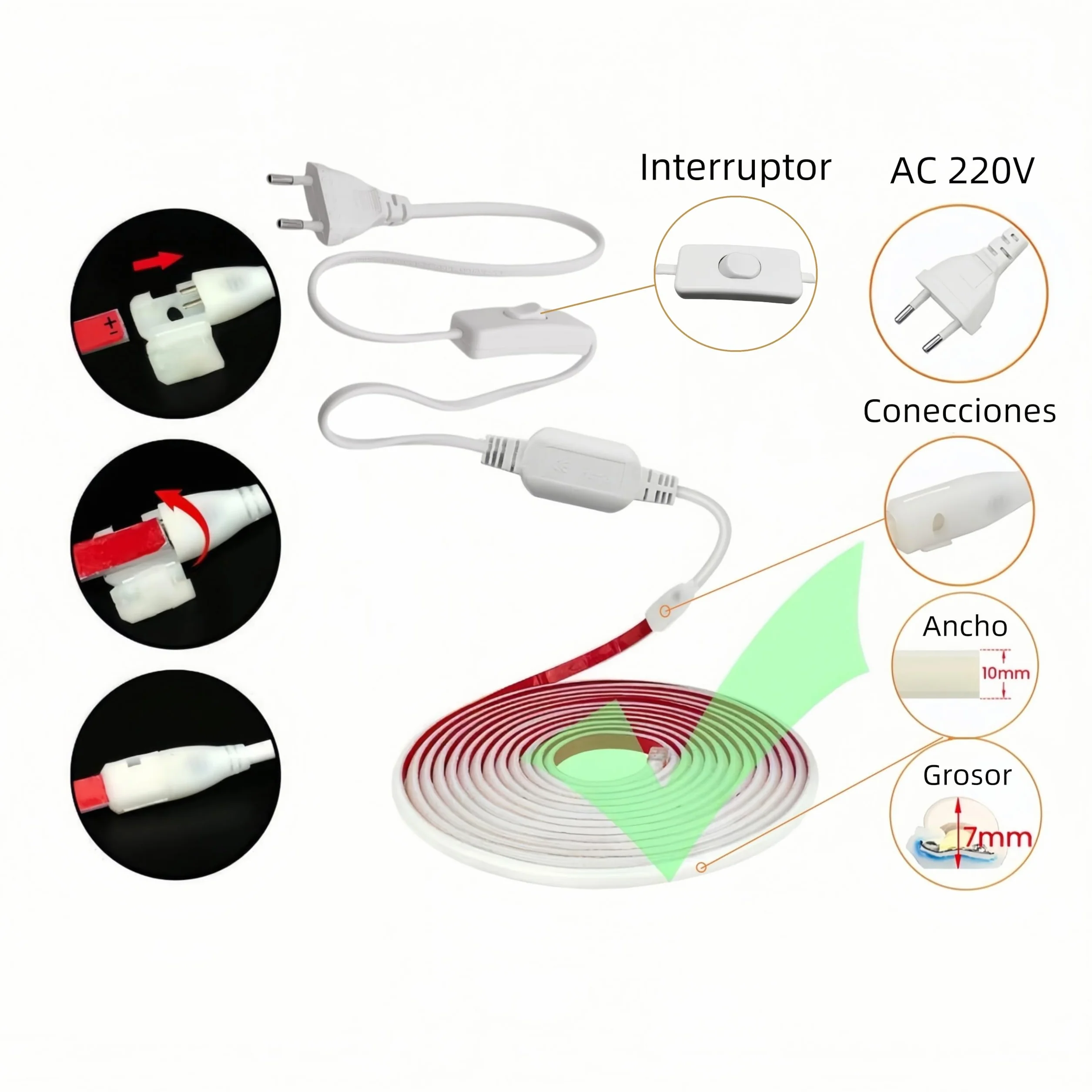 ONSSI® Neonowe taśmy LED 220v (zimna biel, 5m),12w/m każde cięcie 10 cm, 288 LED/m COB światło linowe,Wodoodporna Ip65 z wtyczką przełącznika i naklejką,Neon Led do użytku wewnętrznego i