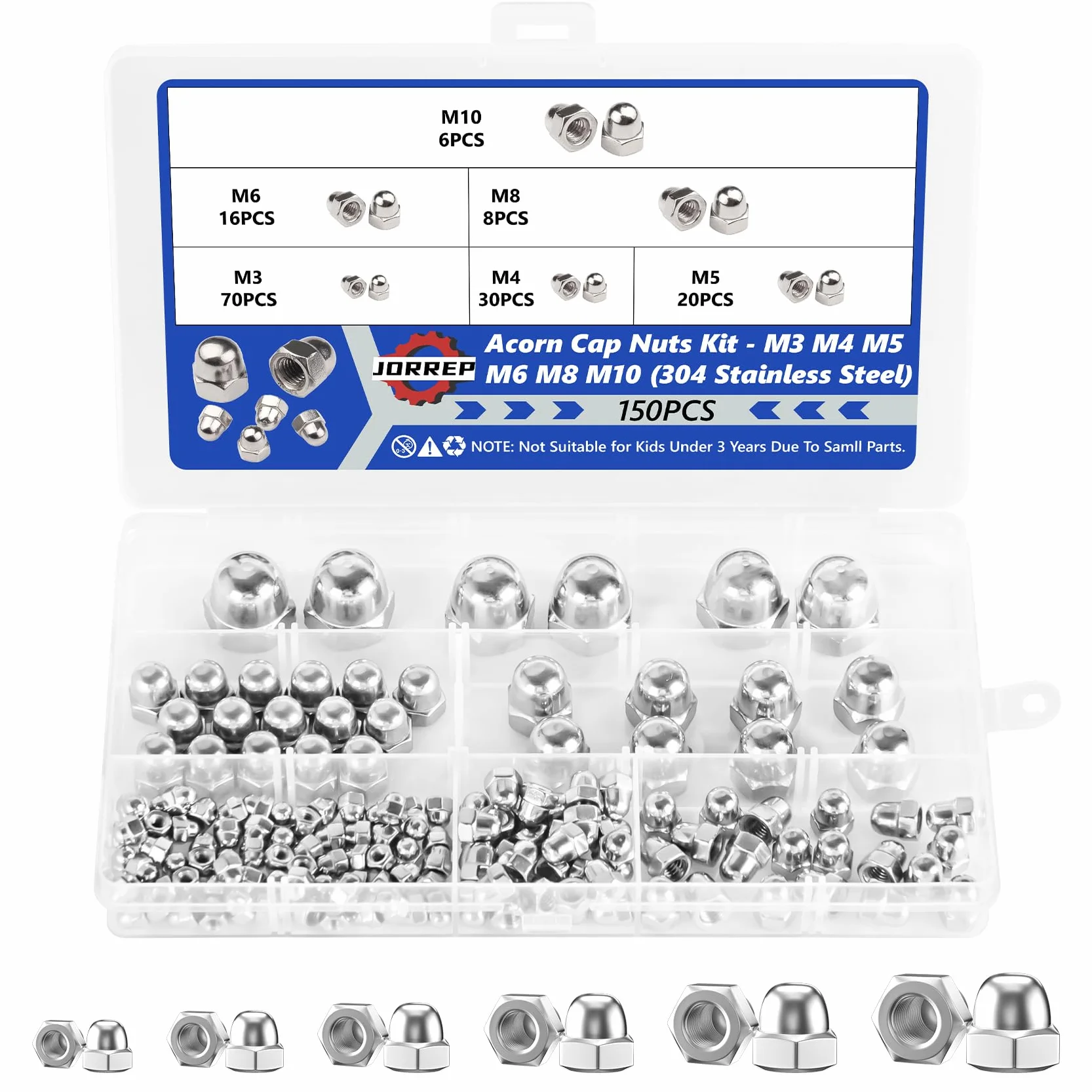 Nakrętki Acorn Nuts, 150 szt. sześciokątnych nakrętek Acorn Cap Nuts Assortment Kit 304 Stainless Steel Cap Nuts Metric Acorn Cap Nuts Hex Cap Nuts - M3 M4 M5 M6 M8 M10 Caps for Bolt Dome Head Hex