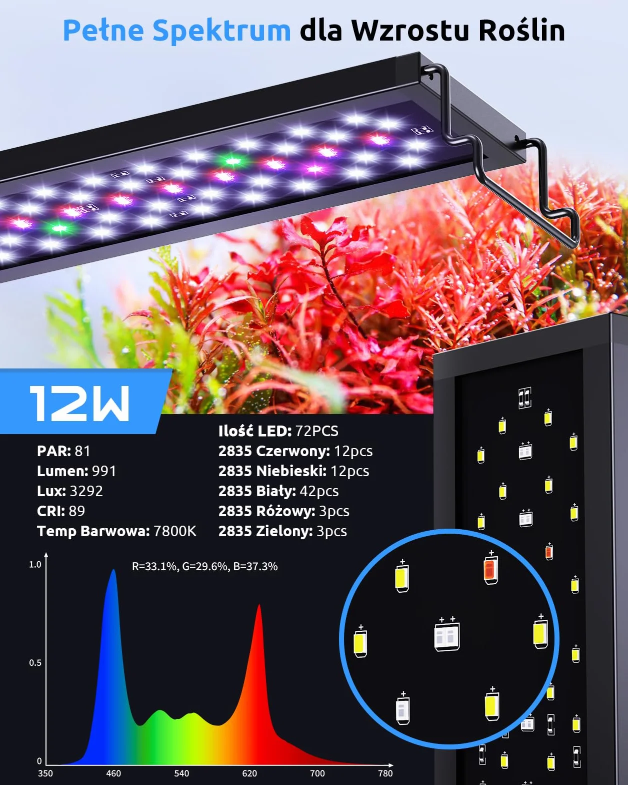 SEAOURA Oświetlenie LED do akwarium 30-45cm pełne spektrum timer WRB 3 kanały 10 jasności 11 kolorów
