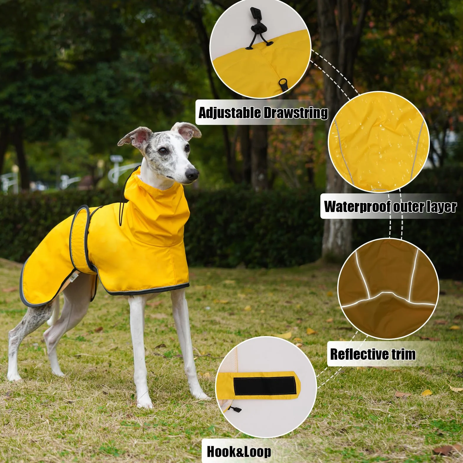 Regulowany płaszcz przeciwdeszczowy z odblaskowymi paskami i otworem na uprząż dla charta, Lurchers and Whippets - Żółty - Rozmiar XXXL