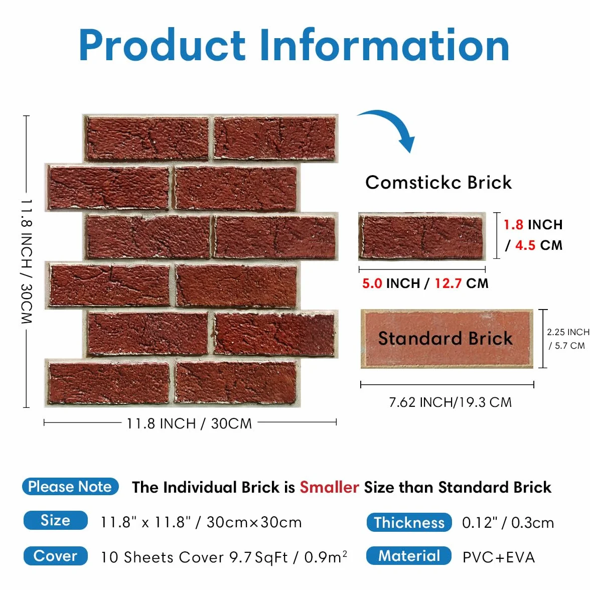 COMSTICKC Samoprzylepne panele ścienne 3D imitujące cegłę, zestaw 10 sztuk 30x30 cm, okładzina ścienna z PVC, Czerwony