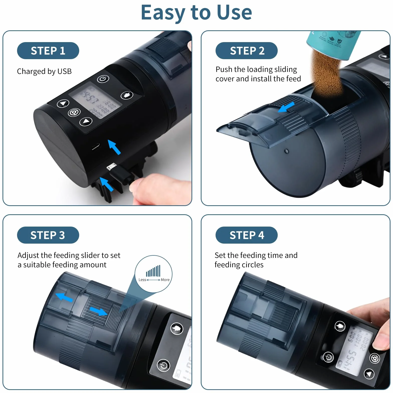 Podazz Automatyczny karmnik do akwarium, dozownik karmy dla ryb – ładowany przez USB, 200 ml, duża pojemność, do akwarium, wskaźnik czasu karmienia, odporny na wilgoć na urlop