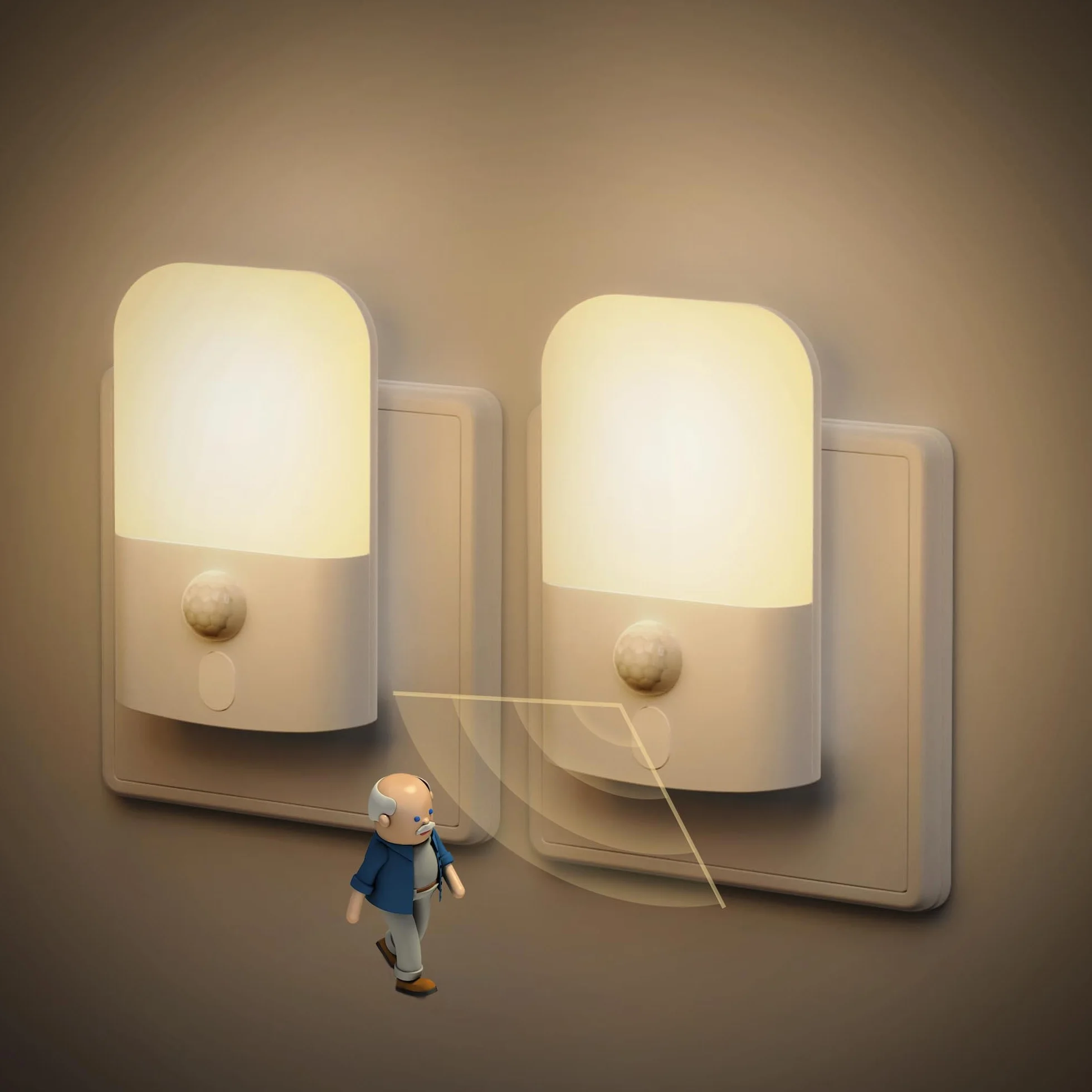 JandCase Lampka nocna z czujnikiem ruchu, 5 poziomów jasności, tryb ON/OFF/AUTO, 1W, 2700 K, ciepła biel, lampka nocna dla dzieci, do przedpokoju, schodów, sypialni, salonu, [zestaw 2 sztuk]