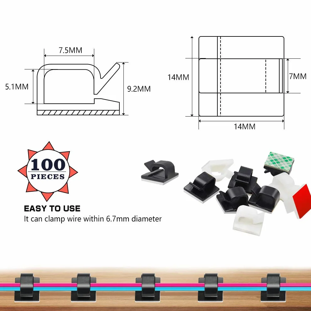 100 szt. Klipsy kablowe samoprzylepne klipsy kablowe organizer do kabli samochodowych zarządzanie przewodami przylepny uchwyt na kabel do samochodu biura i domu, czarny + biały klej