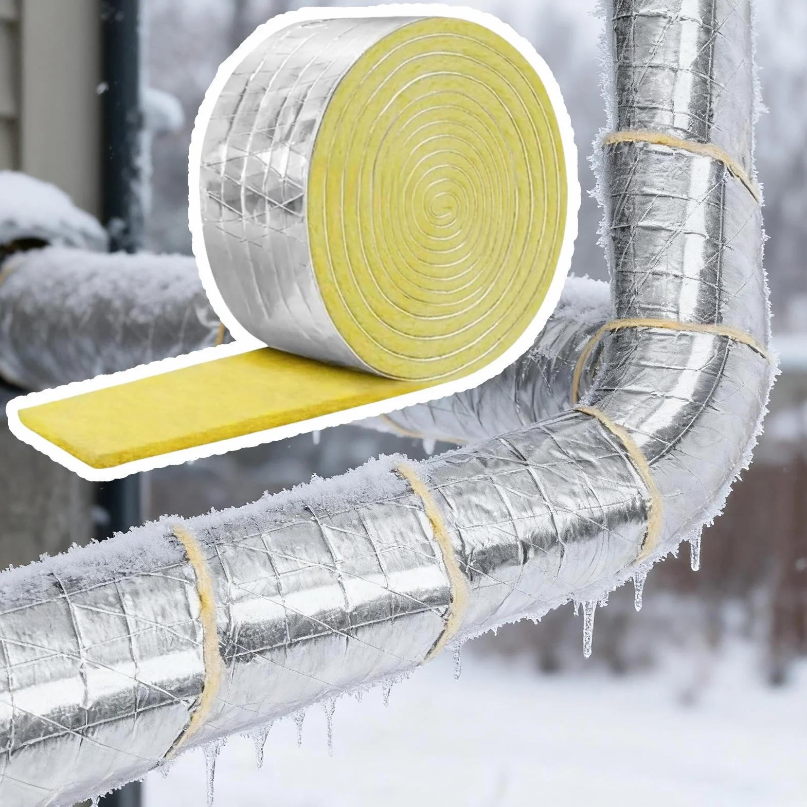 Izolacja rur, samoprzylepna taśma z wełny szklanej, izolacja ścian, do przemysłowej dystrybucji ciepłej wody, HVAC, powietrze, zima, na zewnątrz, do kampera, na poddaszu, domu, na dach, ściana