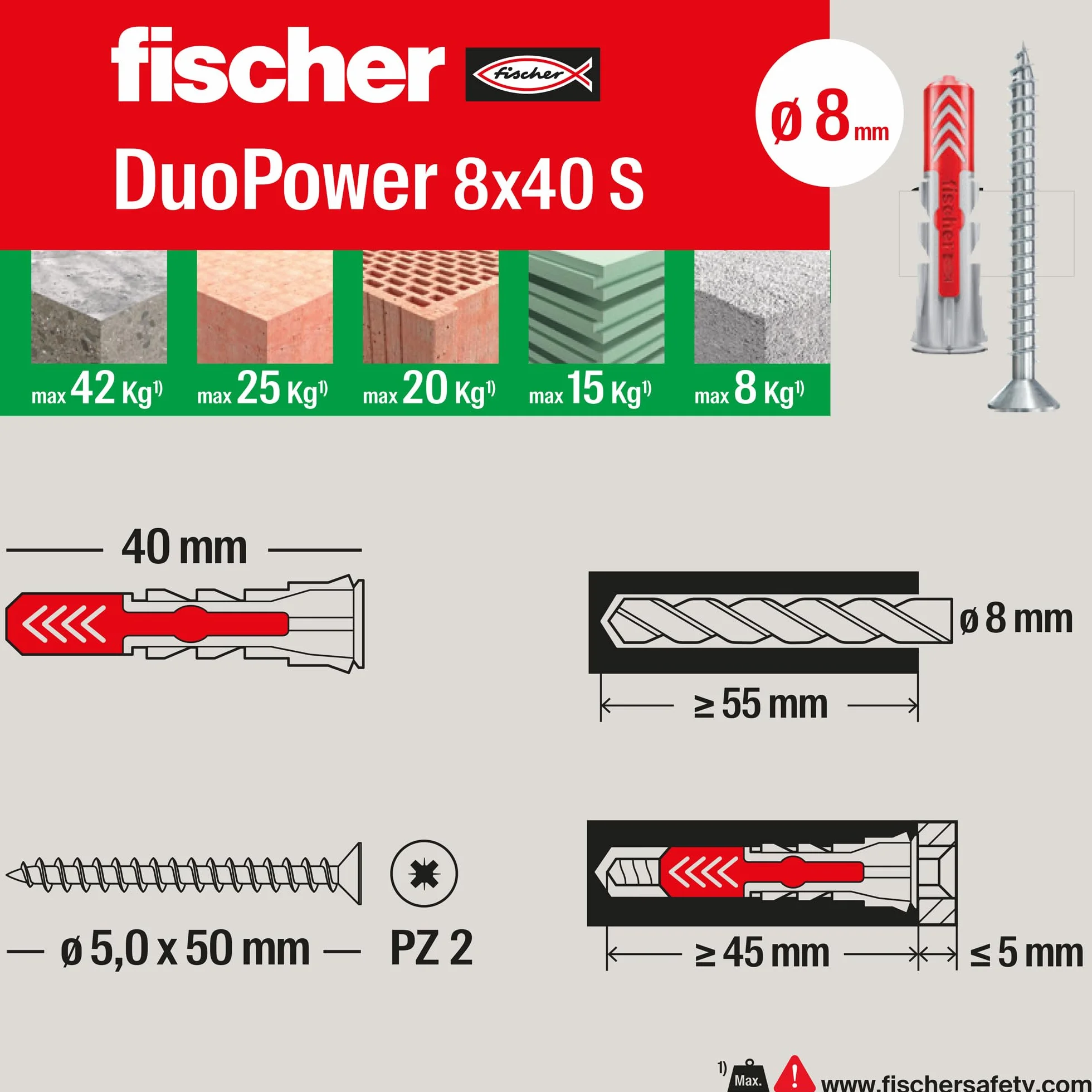 Fischer – Kołek rozporowy Duopower ze śrubą, szary, 544017