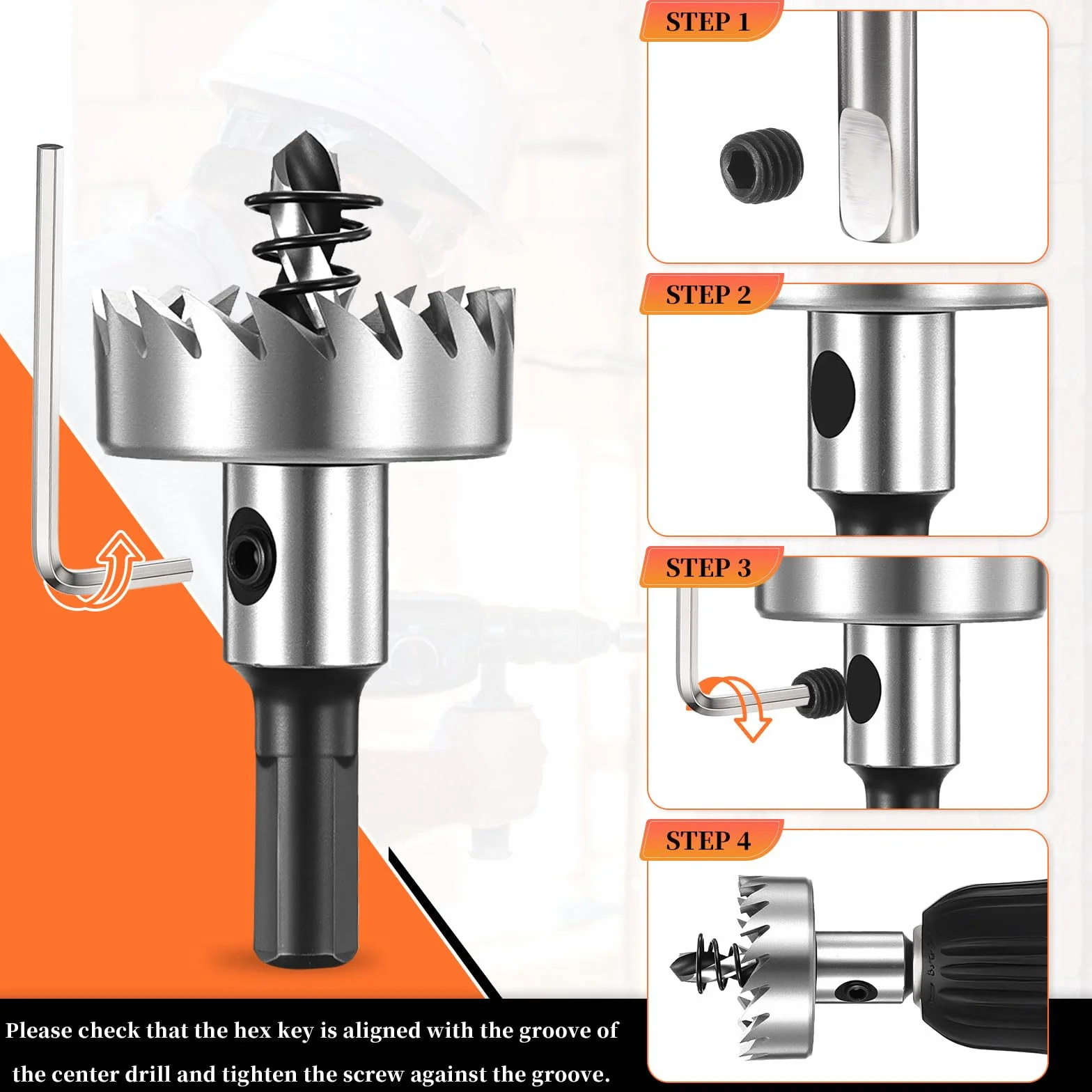 METALLIXITY Zestaw otwornic 40 mm (1-9/16"), M2 wiertła centrujące, klucz imbusowy i sprężyna - do metali o średniej twardości, drewna, tworzywa sztucznego. Srebrny