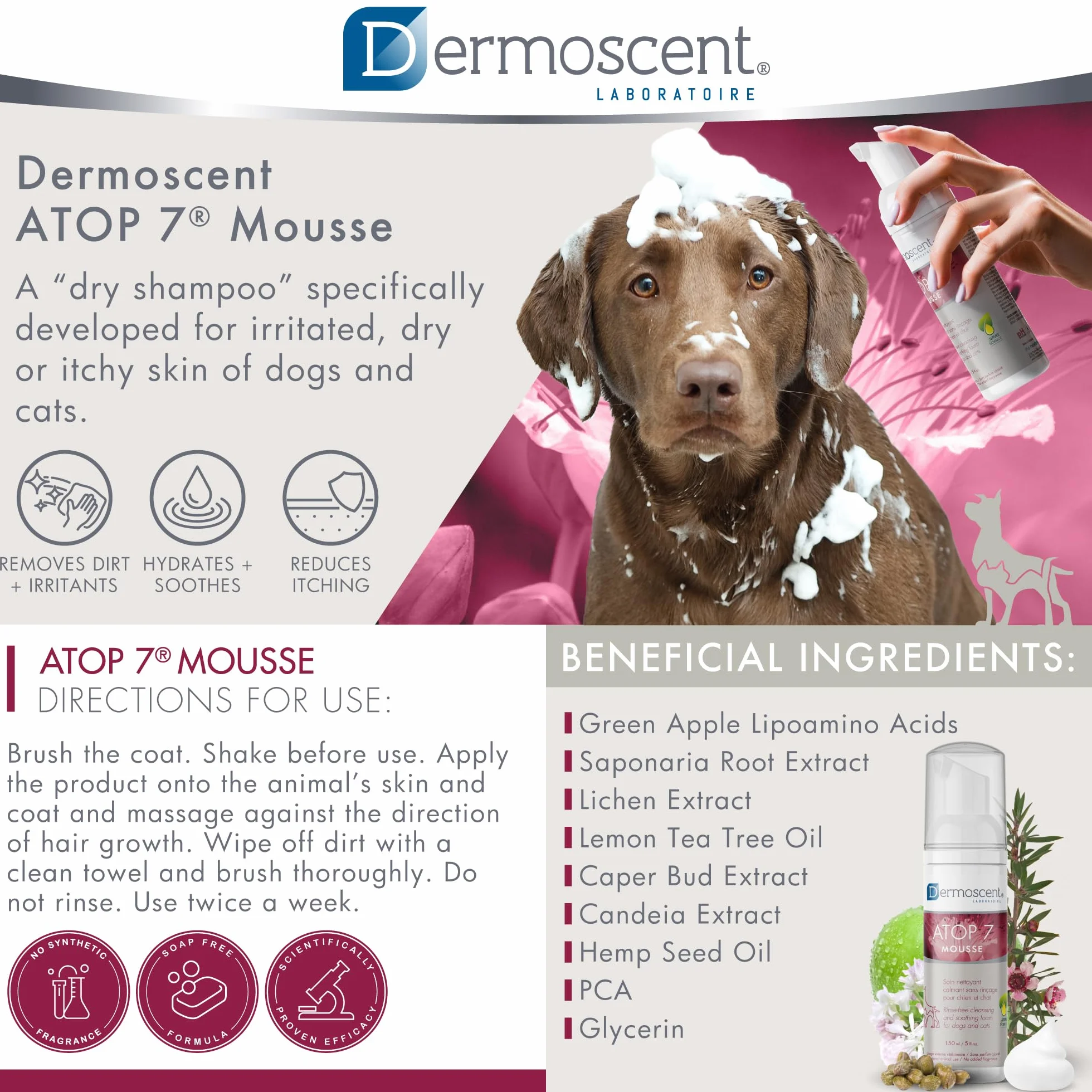 Dermoscent Atop 7 Mousse Suchy Szampon dla Zwierząt, 150 ml