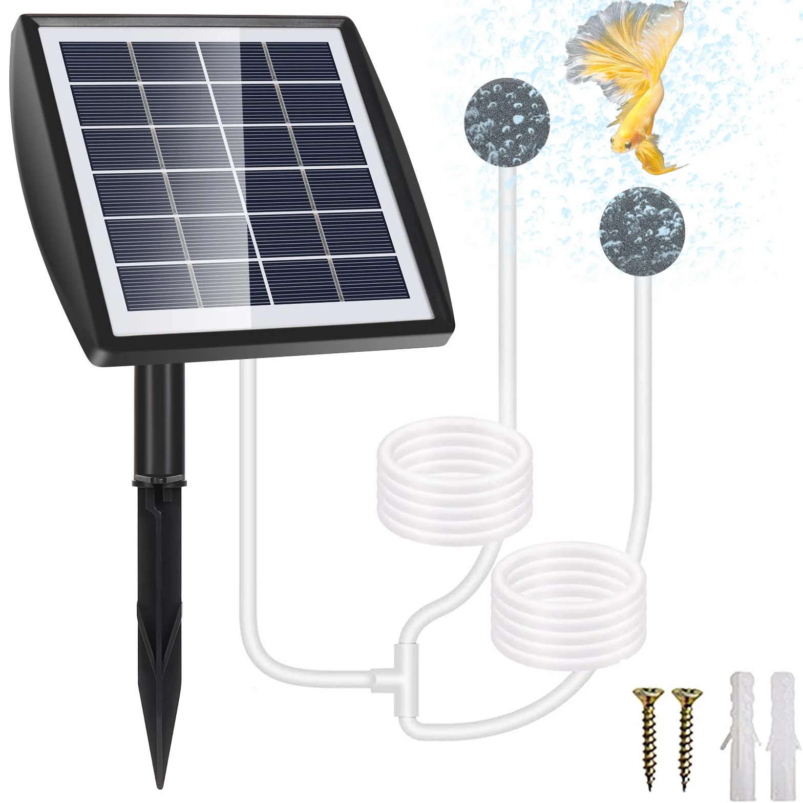 Pompa tlenu solarnego 2 W do stawu i akwarium, tlen 2200 mAh z kamieniem powietrznym i wężem