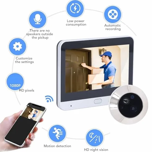Wideodomofon WiFi do Mieszkania, Kamera z Wizjerem i Wyświetlaczem LCD 4,3 Cala, 2 MP 1080 P, Noktowizor, Detekcja Ruchu, Cyfrowy Wizjer Drzwi z Widokiem 160°