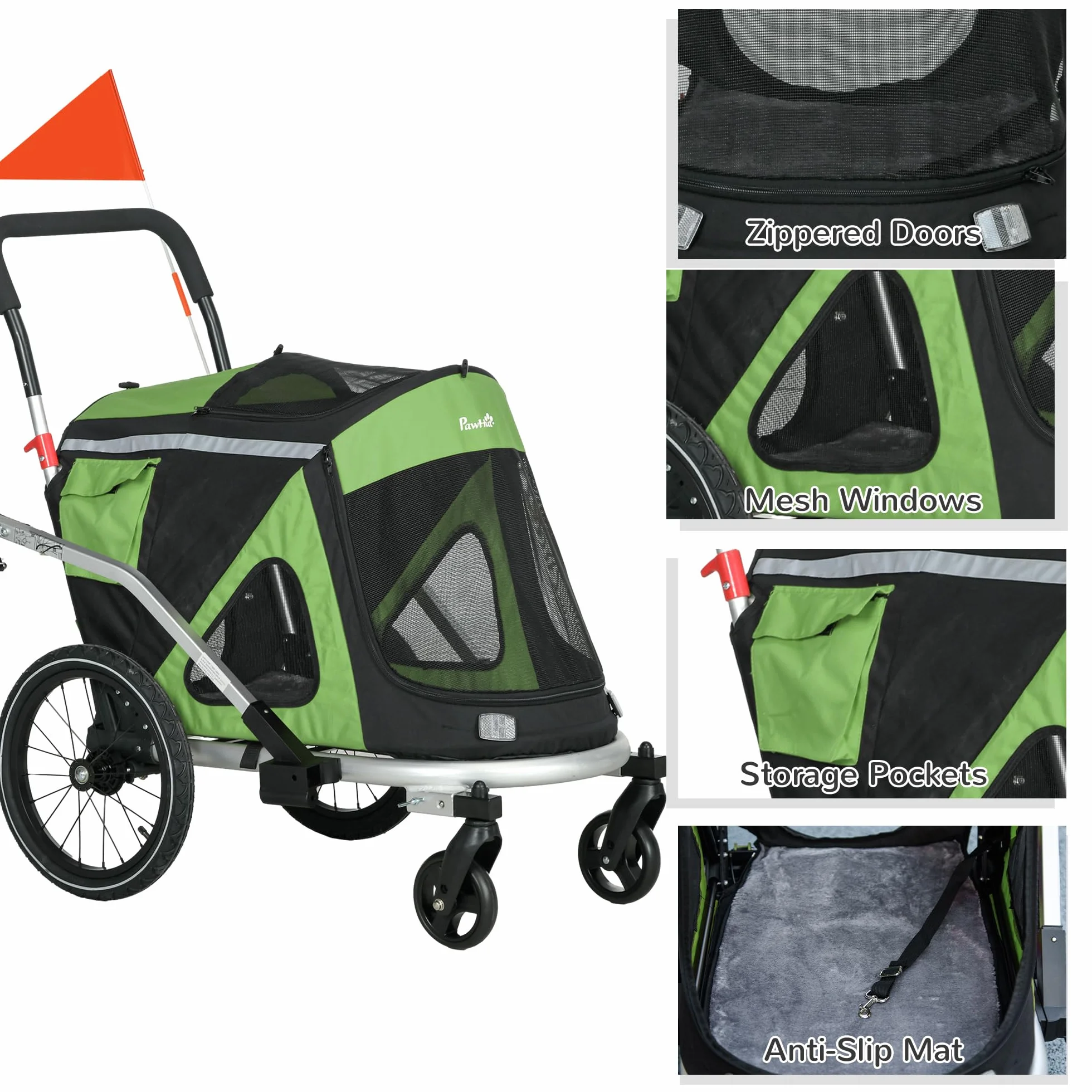 PawHut 2 w 1 przyczepa dla psów buggy, przyczepka rowerowa dla psów, wózek dla psów z odblaskami, do 20 kg, tkanina Oxford, zielona