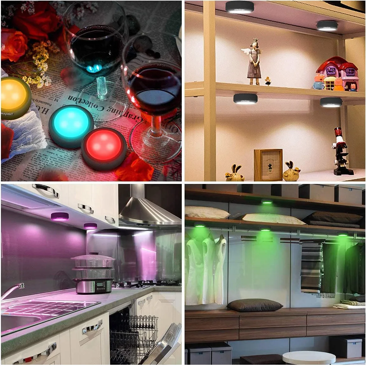 Światła krążkowe RGB, oświetlenie podszafkowe, bezprzewodowe światła LED, zasilane bateryjnie, oświetlenie podszafkowe, ściemniane, RGB lampka nocna z pilotem zdalnego sterowania, do szafki