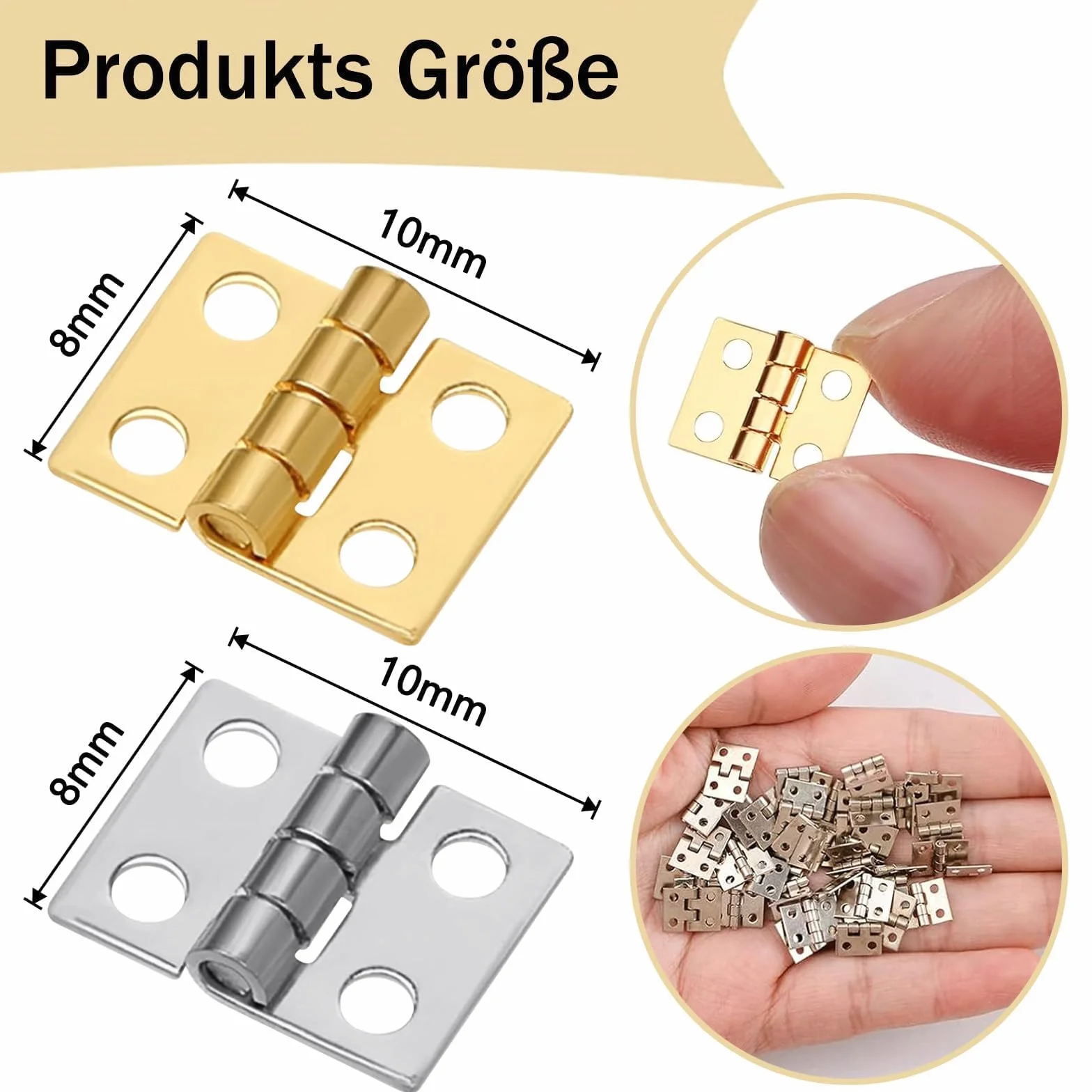 32 szt. małe zawiasy składane, 8 mm x 10 mm, złoty mosiądz, wypolerowany, montowane na drzwi