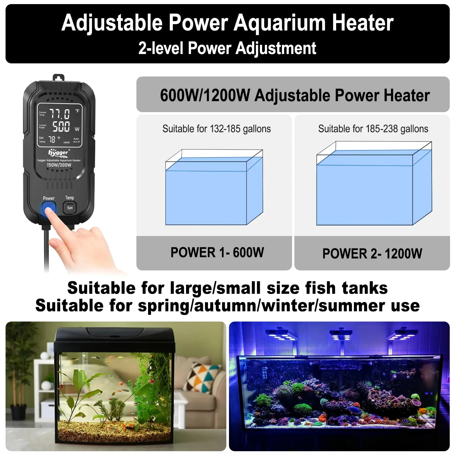 hygger Grzejnik do akwarium 600W/1200W regulowany dwustopniowa regulacja mocy 500-900L