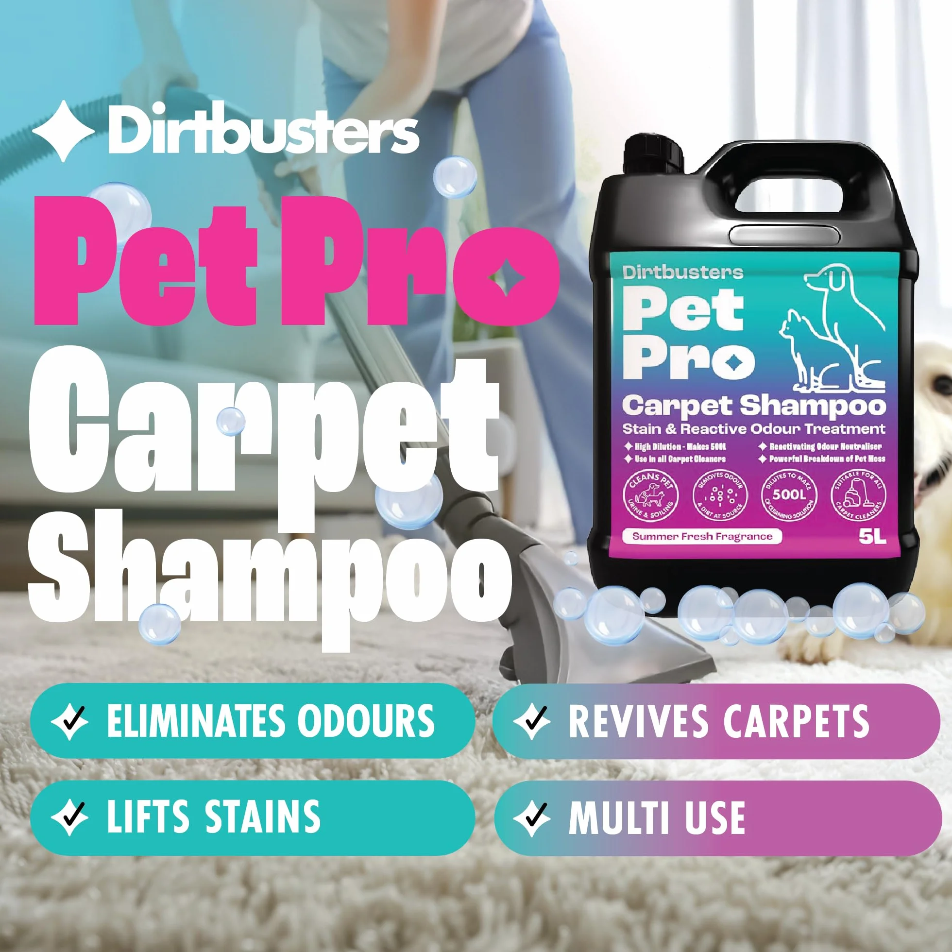 Dirtbusters Pet Pro Szampon do czyszczenia dywanów, głębokie czyszczenie, środek do usuwania plam z neutralizatorem zapachów, do usuwania moczu psa i kota, roztwór do czyszczenia dywanów do szamponów,