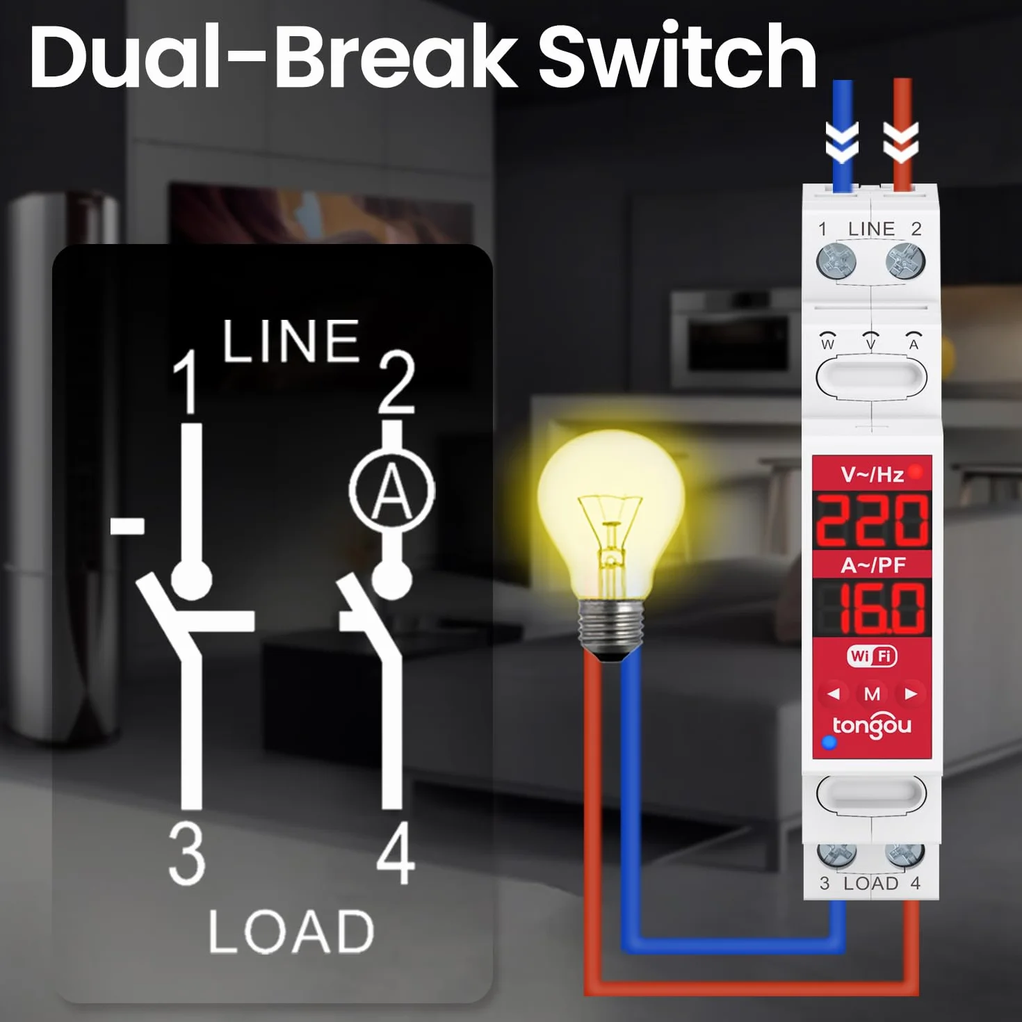 Tongou Przełącznik 2P 18 mm Wlan | 16 A WLAN Smart Relais przełącznik z podwójną separacją | z pomiarem zużycia energii | aplikacja Smart Life | Alexa