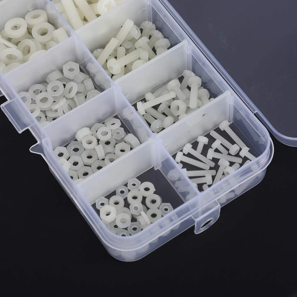 Nylonowe Plastikowe śruby M2, M2,5, M3, M4, M5 Asortyment Nakrętek i Podkładek z Przezroczystym Pudełkiem do Przechowywania, 270 szt. (Biały 270-częściowy zestaw śrub nylonowych)