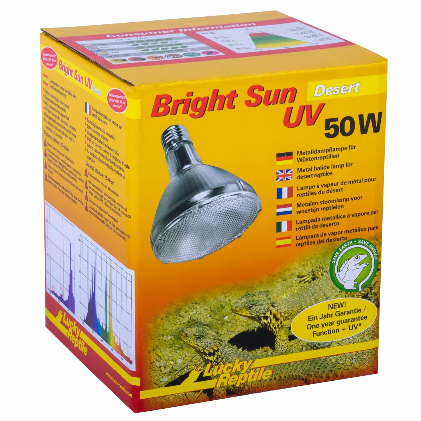 Lucky Reptile Bright Sun UV Desert - Metalowa lampa parowa 50W do opraw E27 - Lampa do terrarium ze światłem dziennym - Lampa grzewcza z promieniowaniem UVA UVB - Lampa dla gadów pustynnych