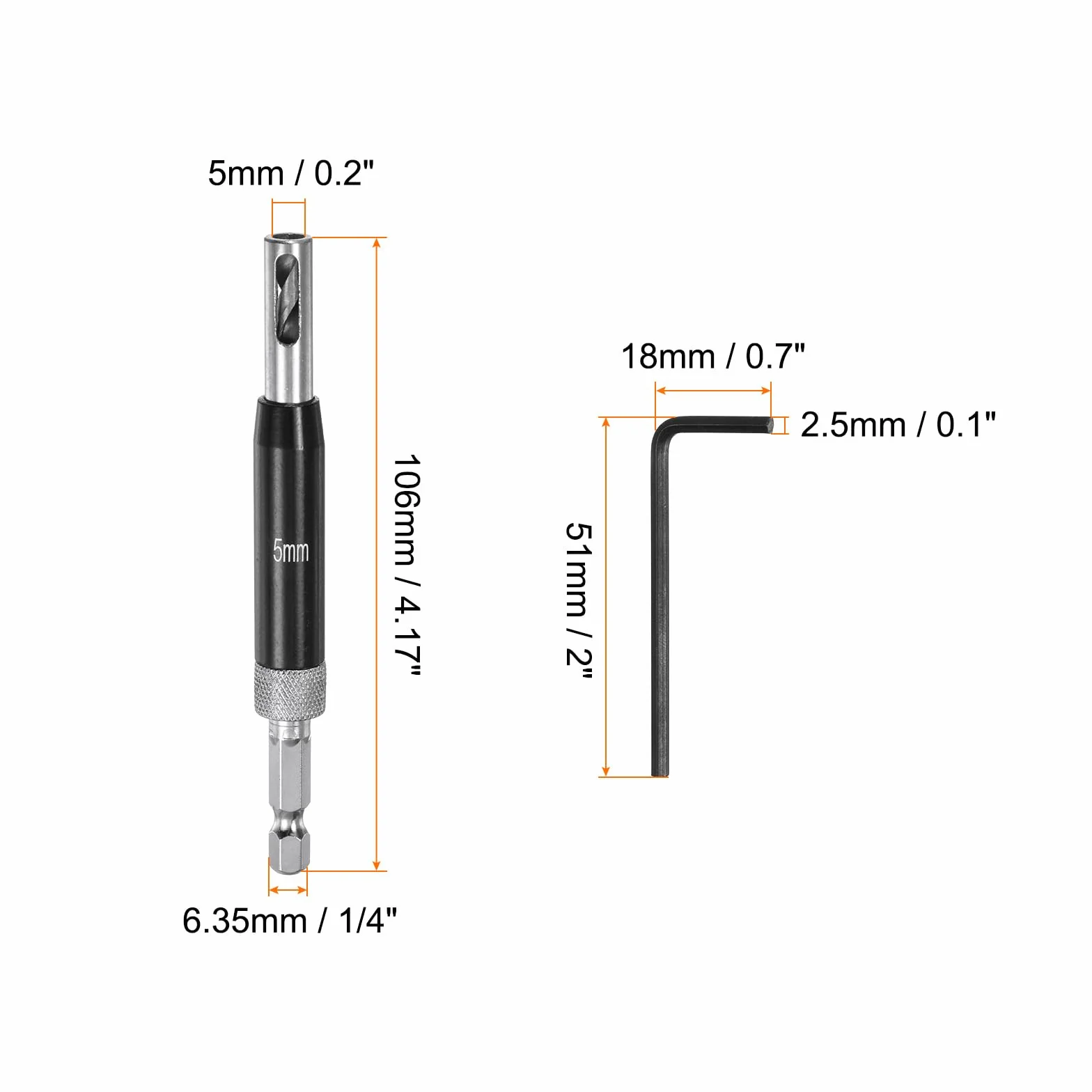 QUARKZMAN Zestaw 2 wierteł samowiercących 5 mm, 1/4" sześciokątna obróbka drewna, narzędzie do wiercenia otworów zawiasów, drzwi, szaf, samokomórka, klucz imbusowy, czarny