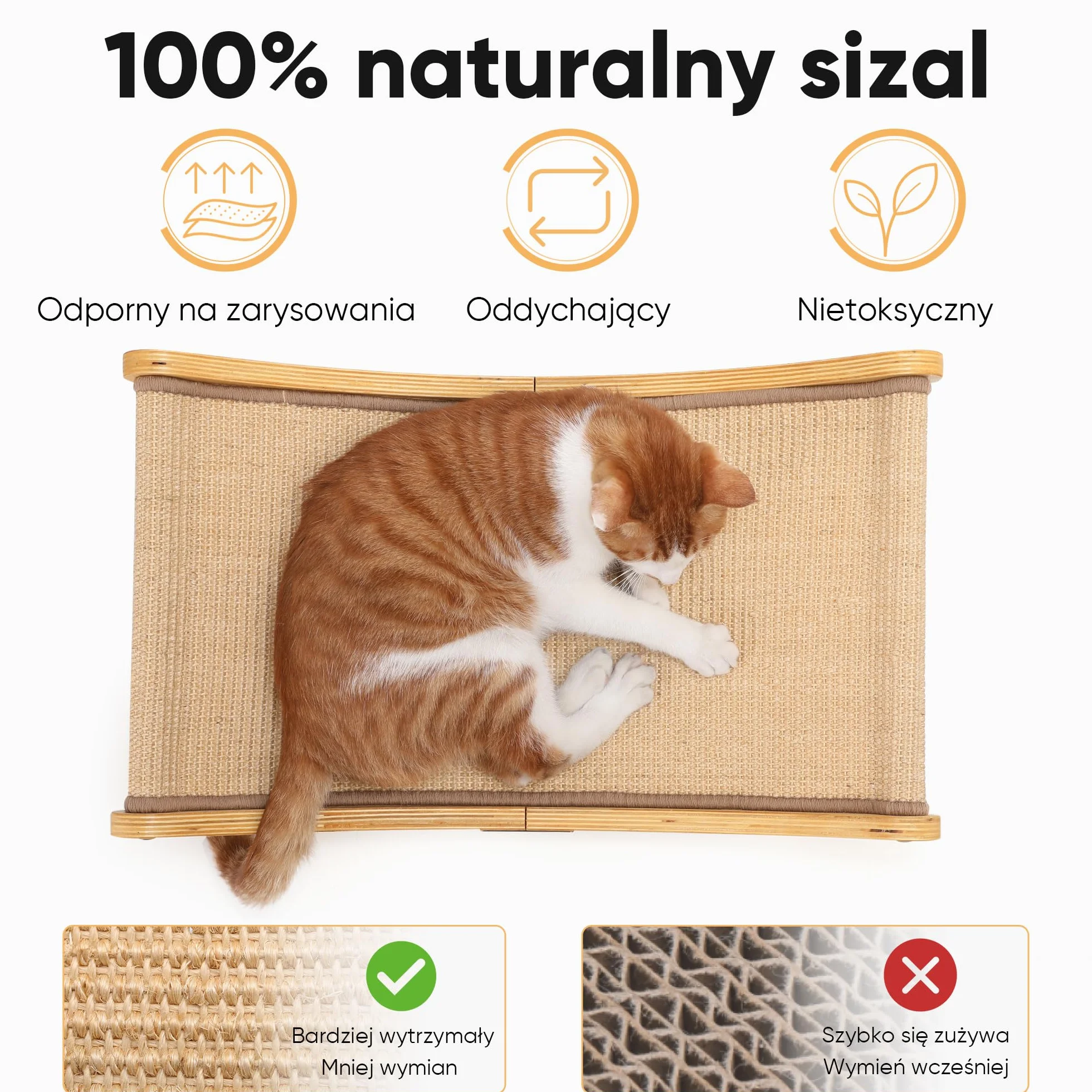FUKUMARU Legowisko do drapania dla kota, 60 cm Trwałe łóżko do drapania dla kotów do użytku wewnętrznego, 100% naturalny hamak sizalowy, rama z litego drewna do spania i ozdabiania paznokci (beżowy)